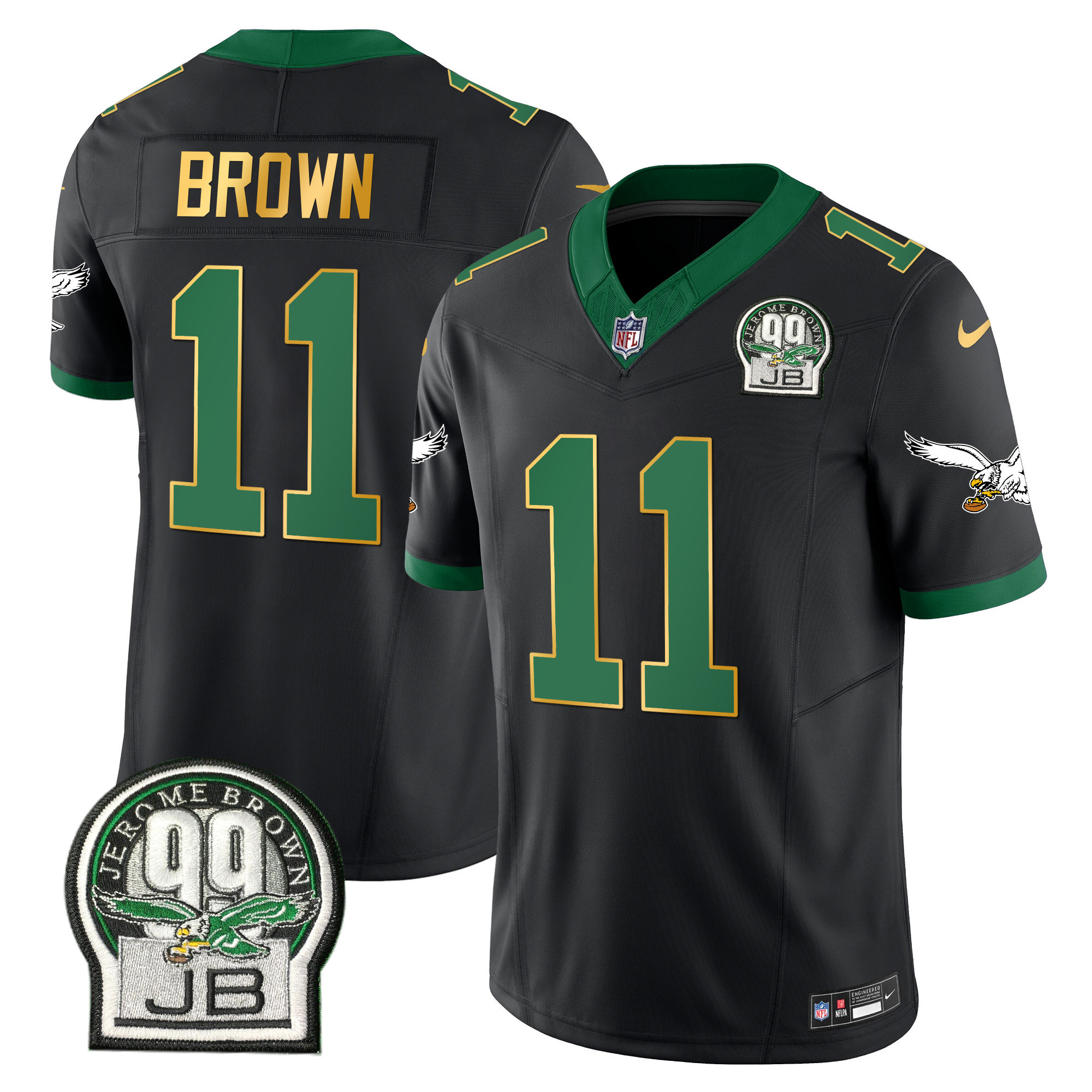 A.J. Brown Men's Philadelphia Eagles Jerome Brown Patch Kelly Green Gold Trim Black Jersey - All Stitched