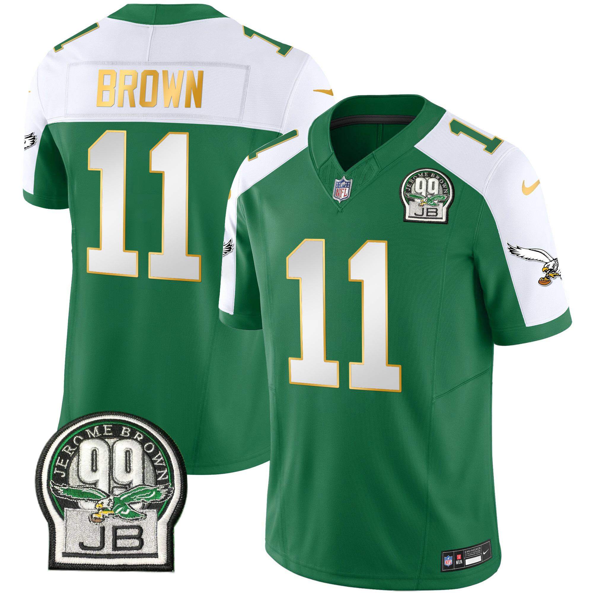 A.J. Brown Men's Philadelphia Eagles Jerome Brown Patch Kelly Green Gold Trim Kelly Alternate Jersey - All Stitched