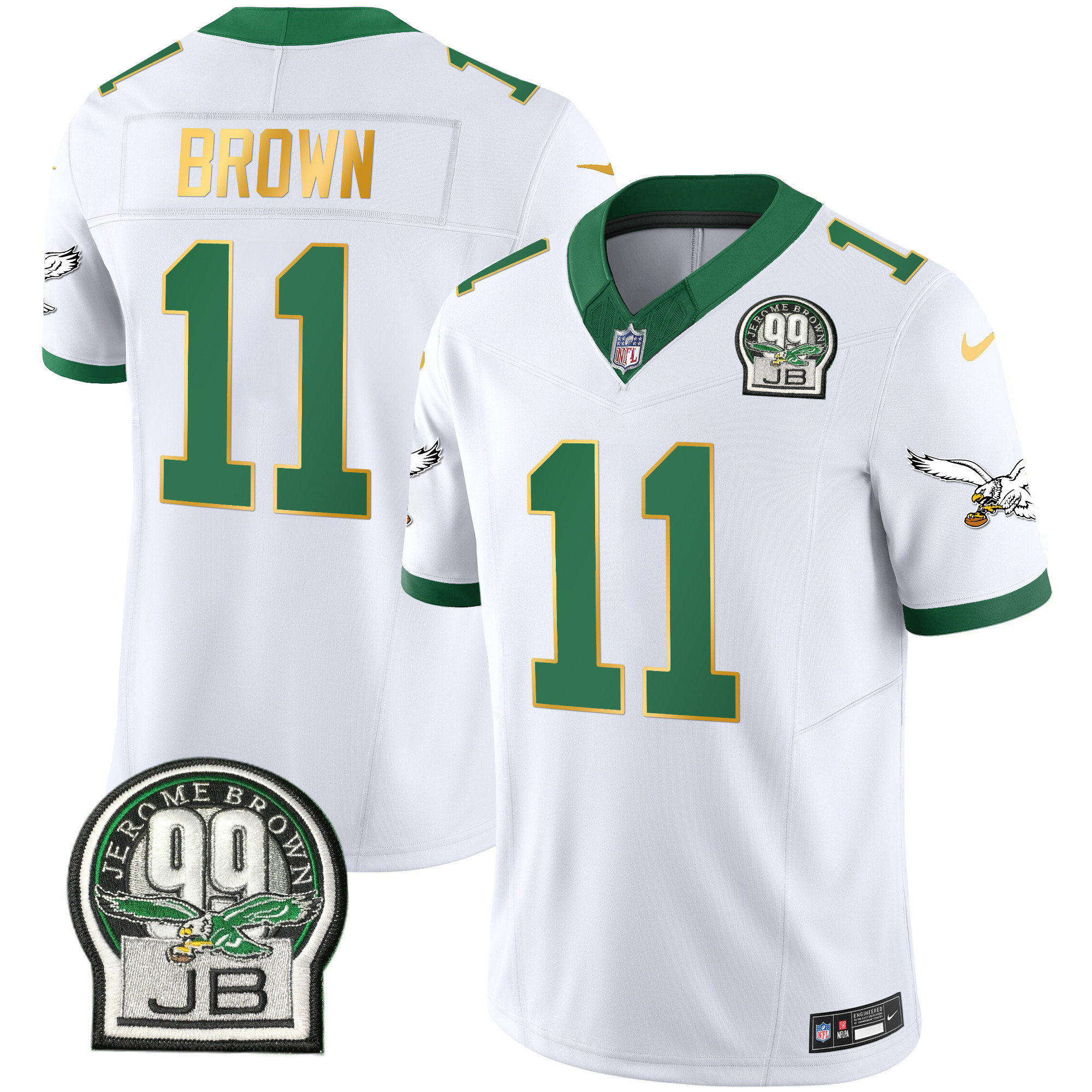 A.J. Brown Men's Philadelphia Eagles Jerome Brown Patch Kelly Green Gold Trim Kelly White Jersey - All Stitched