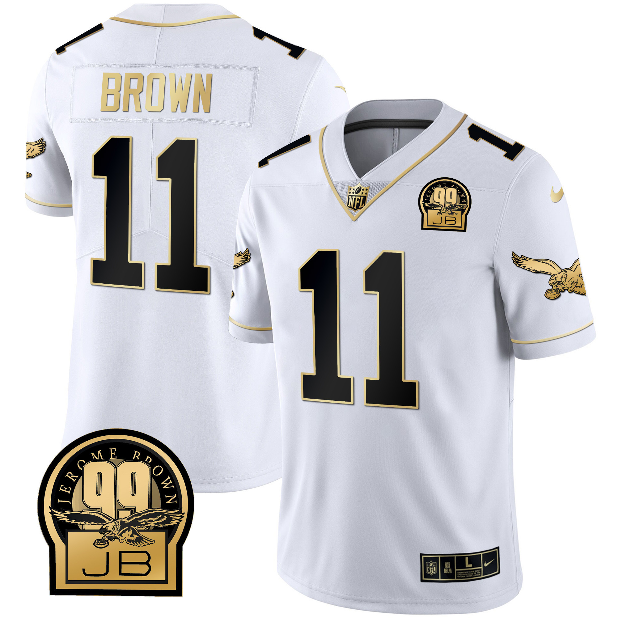 A.J. Brown Men's Philadelphia Eagles Jerome Brown Retired Patch Gold & Kelly White Gold Jersey - All Stitched