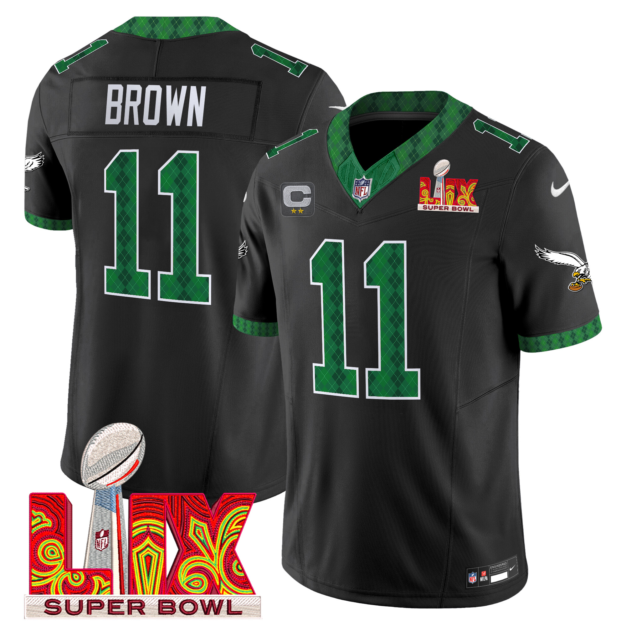 A.J. Brown Men's Philadelphia Eagles Kelly Green St. Patrick's Day Super Bowl LIX Patch Vapor Limited Black Jersey - All Stitched