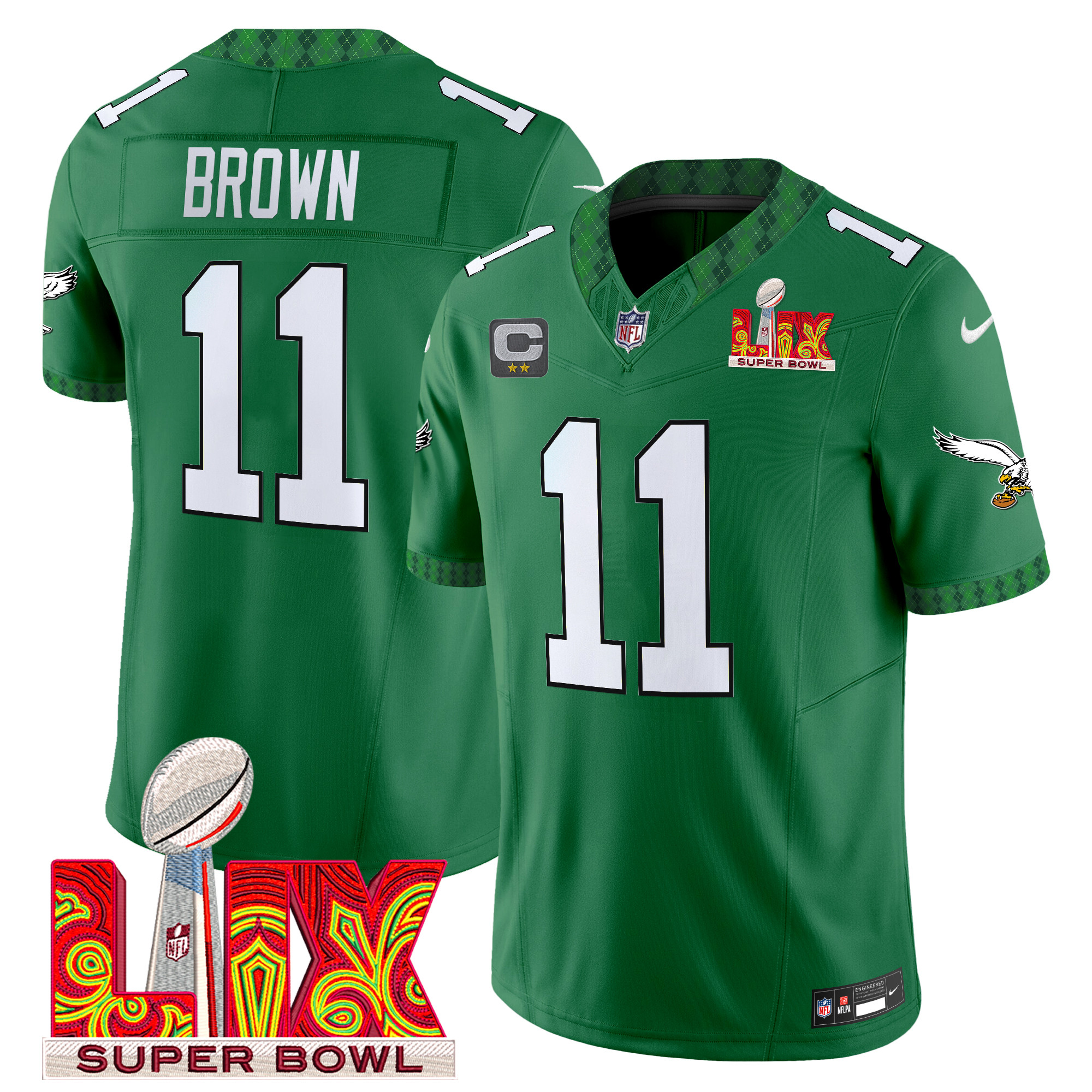 A.J. Brown Men's Philadelphia Eagles Kelly Green St. Patrick's Day Super Bowl LIX Patch Vapor Limited Kelly Green Jersey - All Stitched