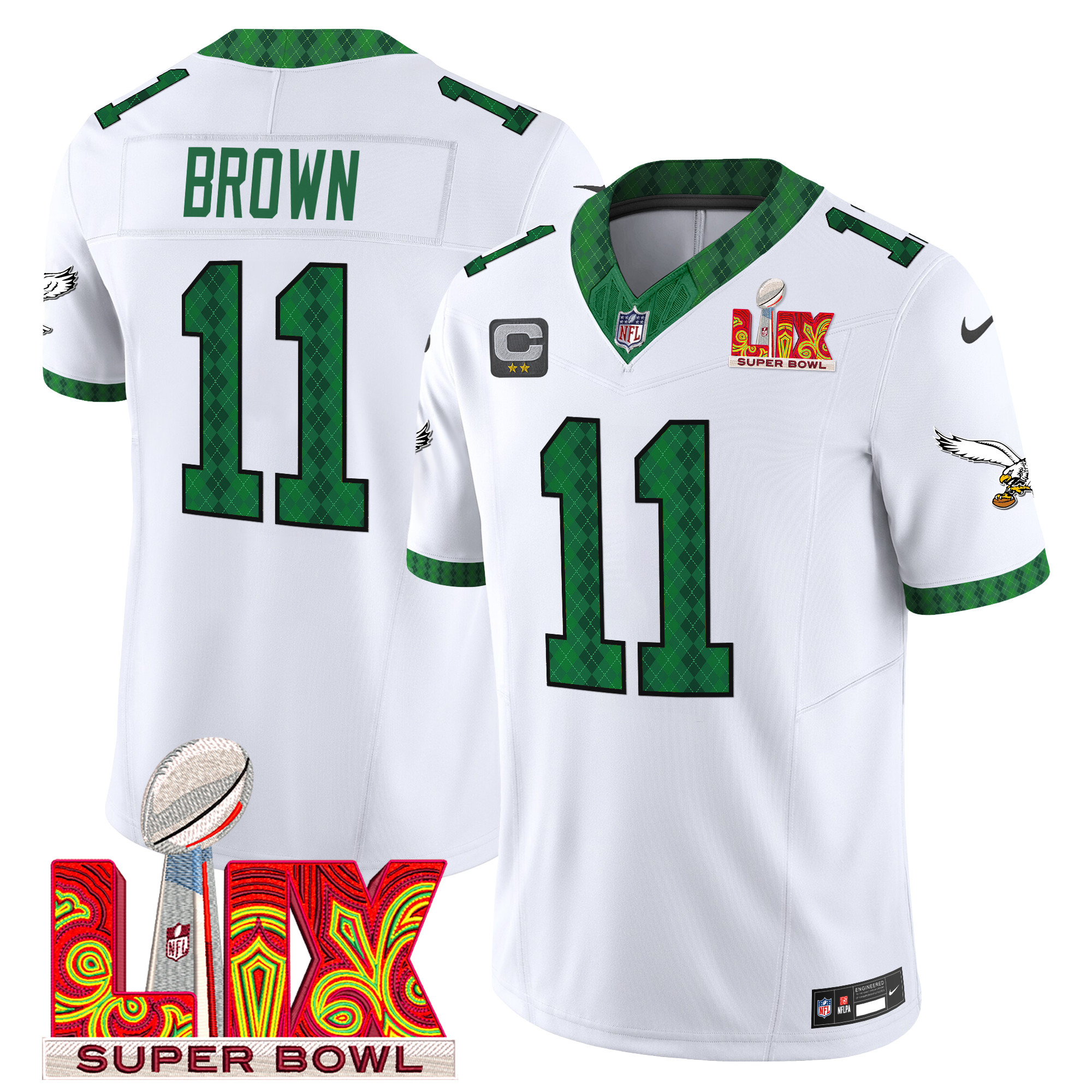 A.J. Brown Men's Philadelphia Eagles Kelly Green St. Patrick's Day Super Bowl LIX Patch Vapor Limited Kelly White Jersey - All Stitched