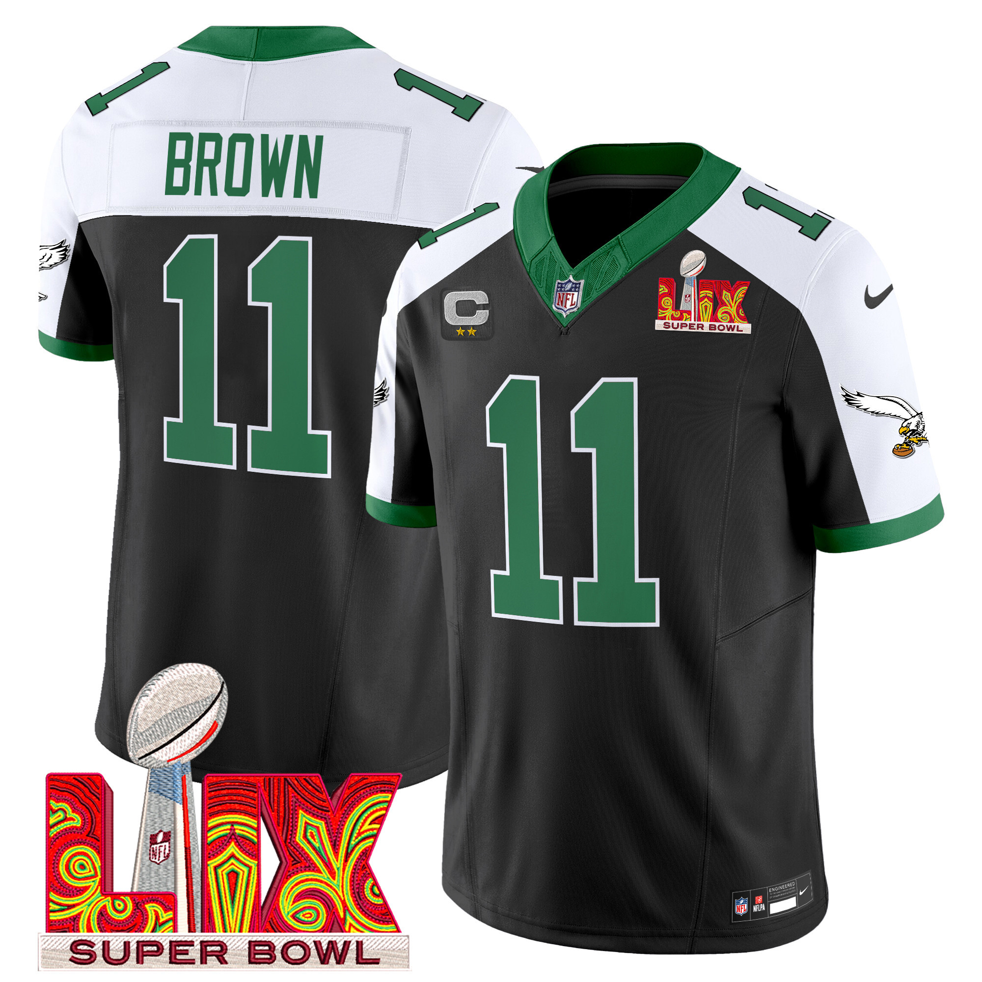 A.J. Brown Men's Philadelphia Eagles Kelly Green Super Bowl LIX Patch Vapor Limited Black Alternate Jersey - All Stitched