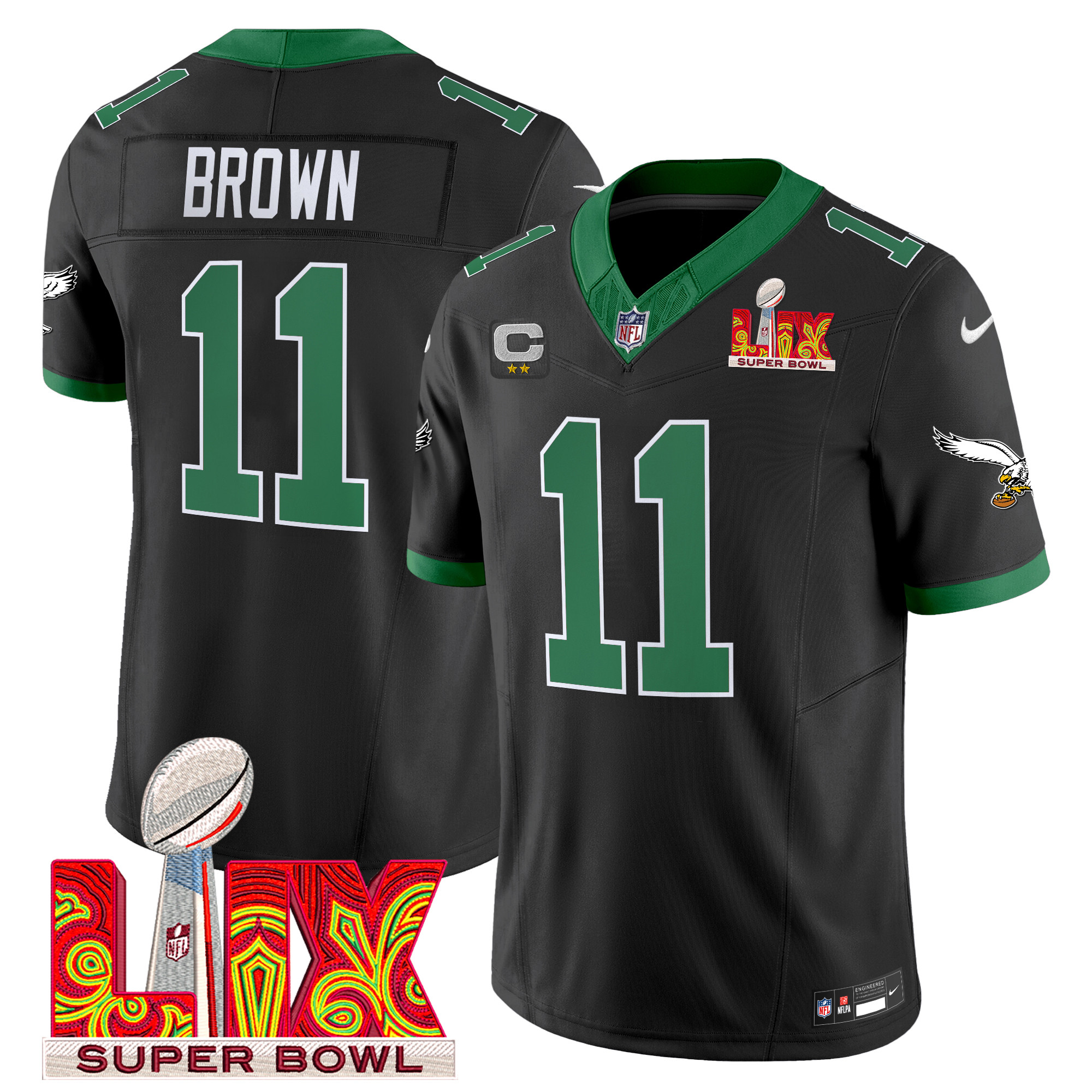 A.J. Brown Men's Philadelphia Eagles Kelly Green Super Bowl LIX Patch Vapor Limited Black Jersey - All Stitched