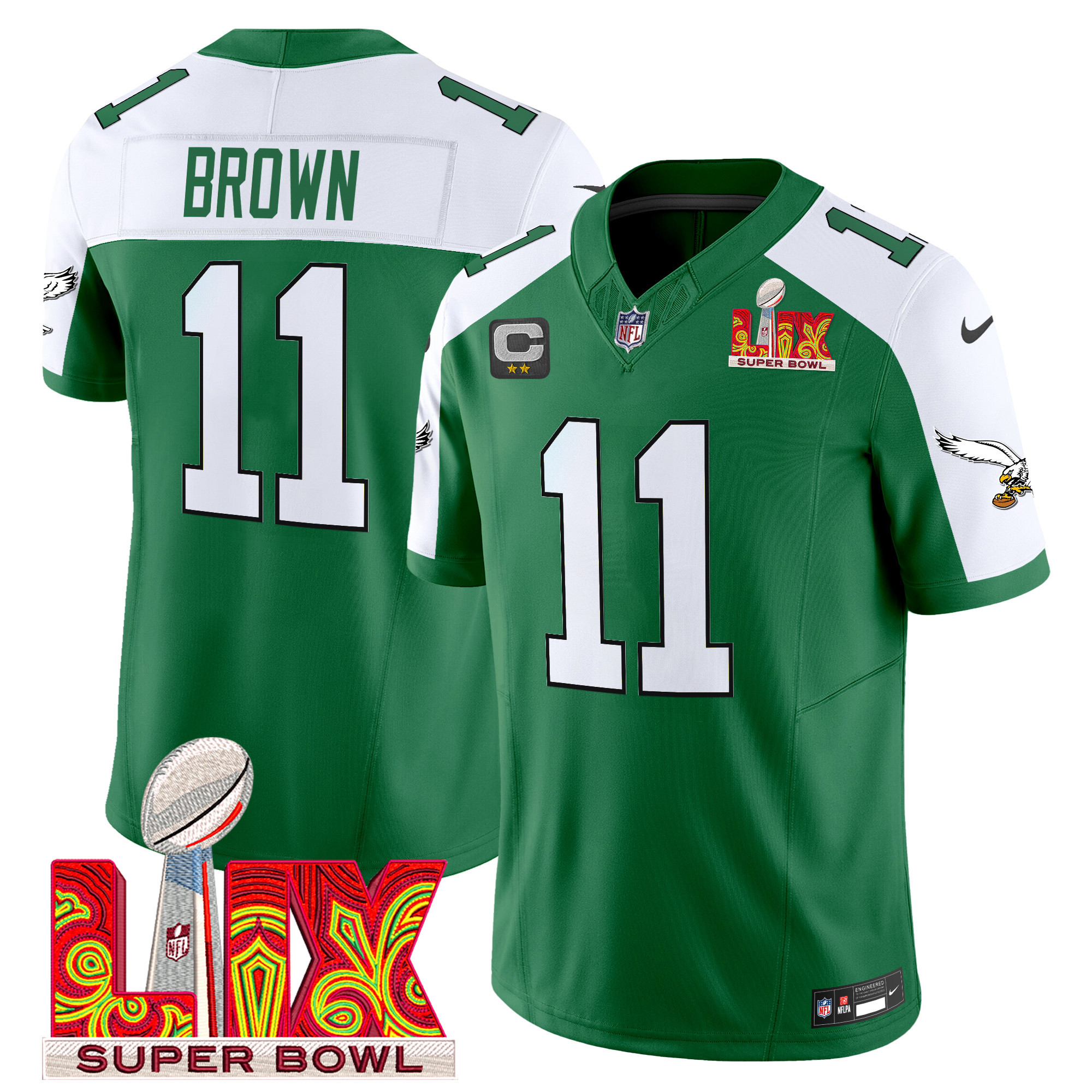 A.J. Brown Men's Philadelphia Eagles Kelly Green Super Bowl LIX Patch Vapor Limited Kelly Alternate Jersey - All Stitched