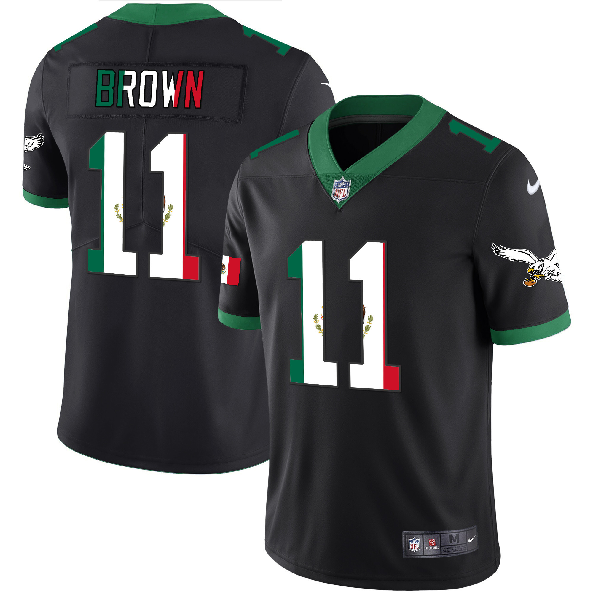 A.J. Brown Men's Philadelphia Eagles Mexico Gold & Kelly Vapor Kelly Black Jersey - All Stitched