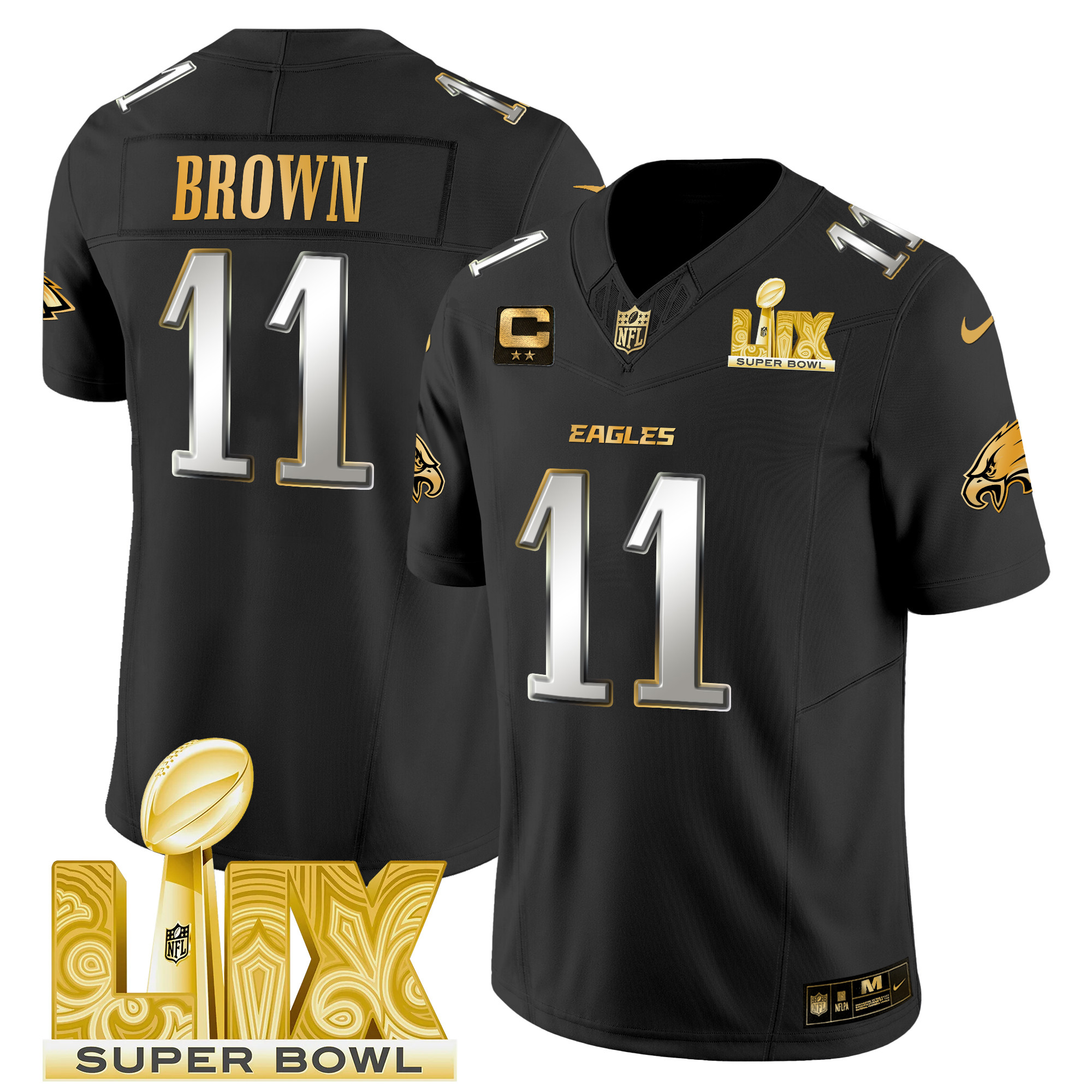 A.J. Brown Men's Philadelphia Eagles Super Bowl LIX Patch Gold Vapor Limited Black Limited Jersey - All Stitched