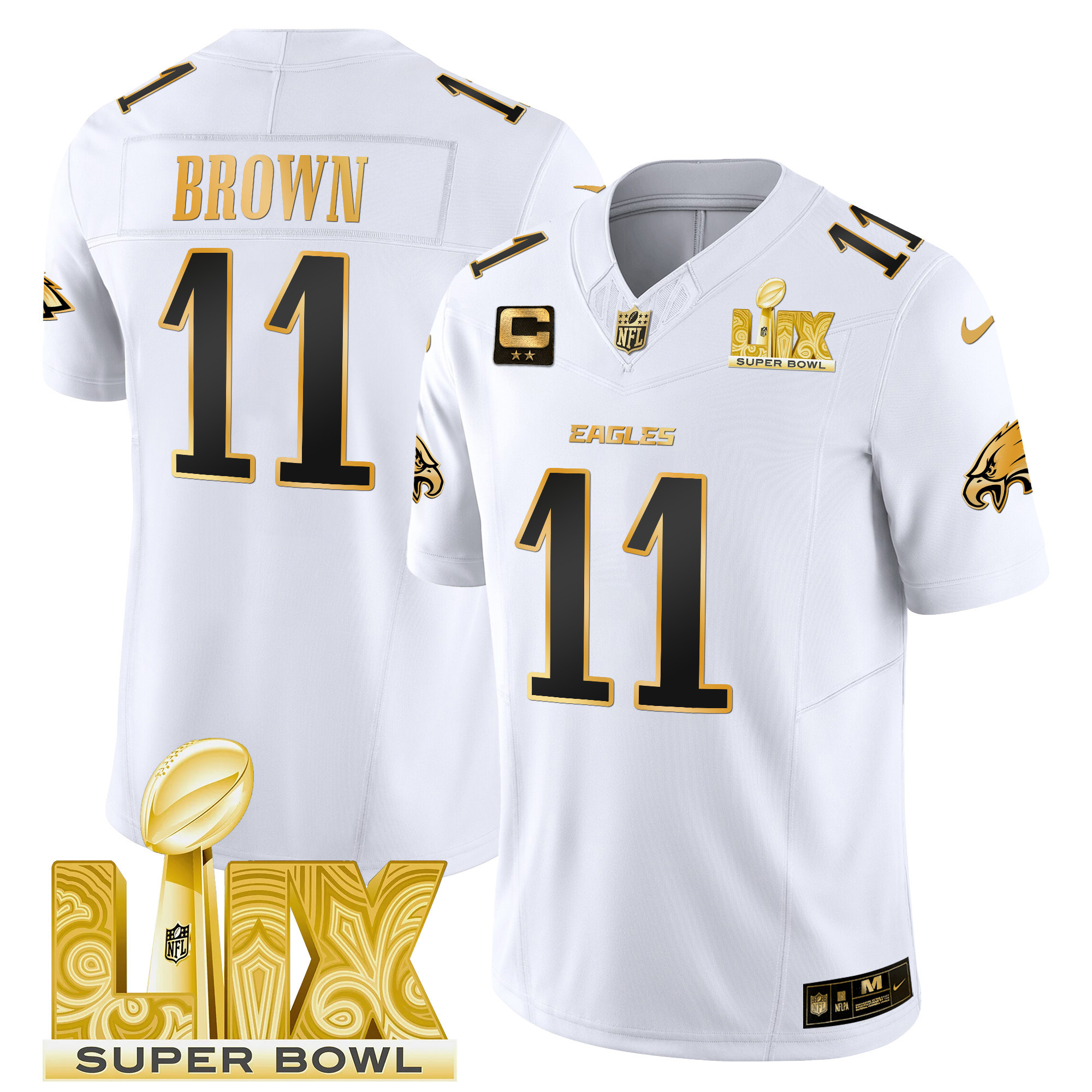 A.J. Brown Men's Philadelphia Eagles Super Bowl LIX Patch Gold Vapor Limited White Gold Jersey - All Stitched