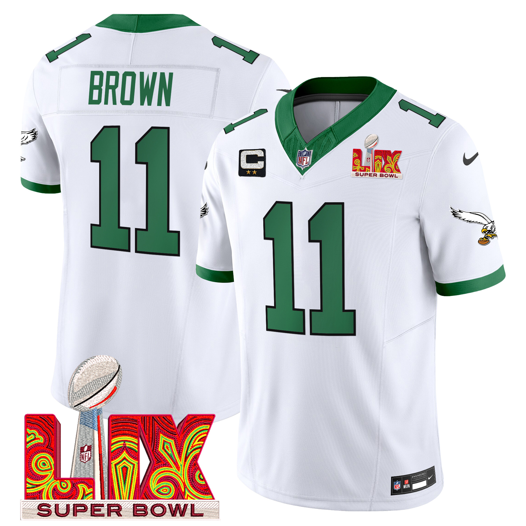 A.J. Brown Men's Philadelphia Eagles Super Bowl LIX Patch Vapor Limited Kelly White Jersey - All Stitched