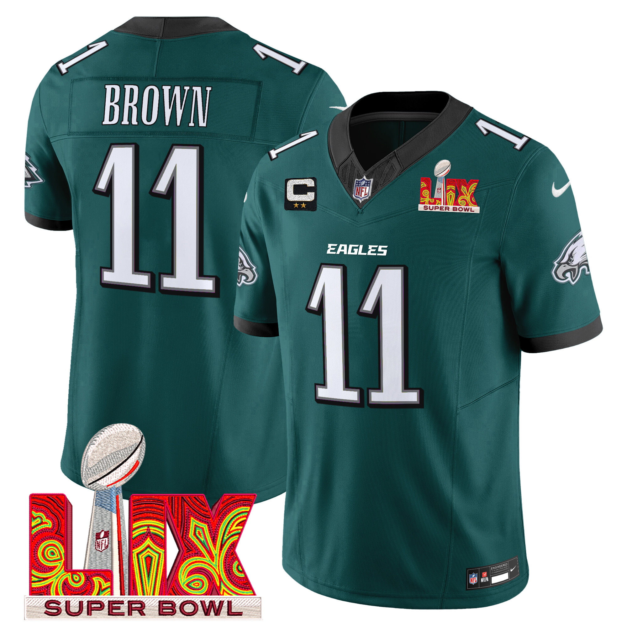A.J. Brown Men's Philadelphia Eagles Super Bowl LIX Patch Vapor Limited Midnight Green Jersey - All Stitched
