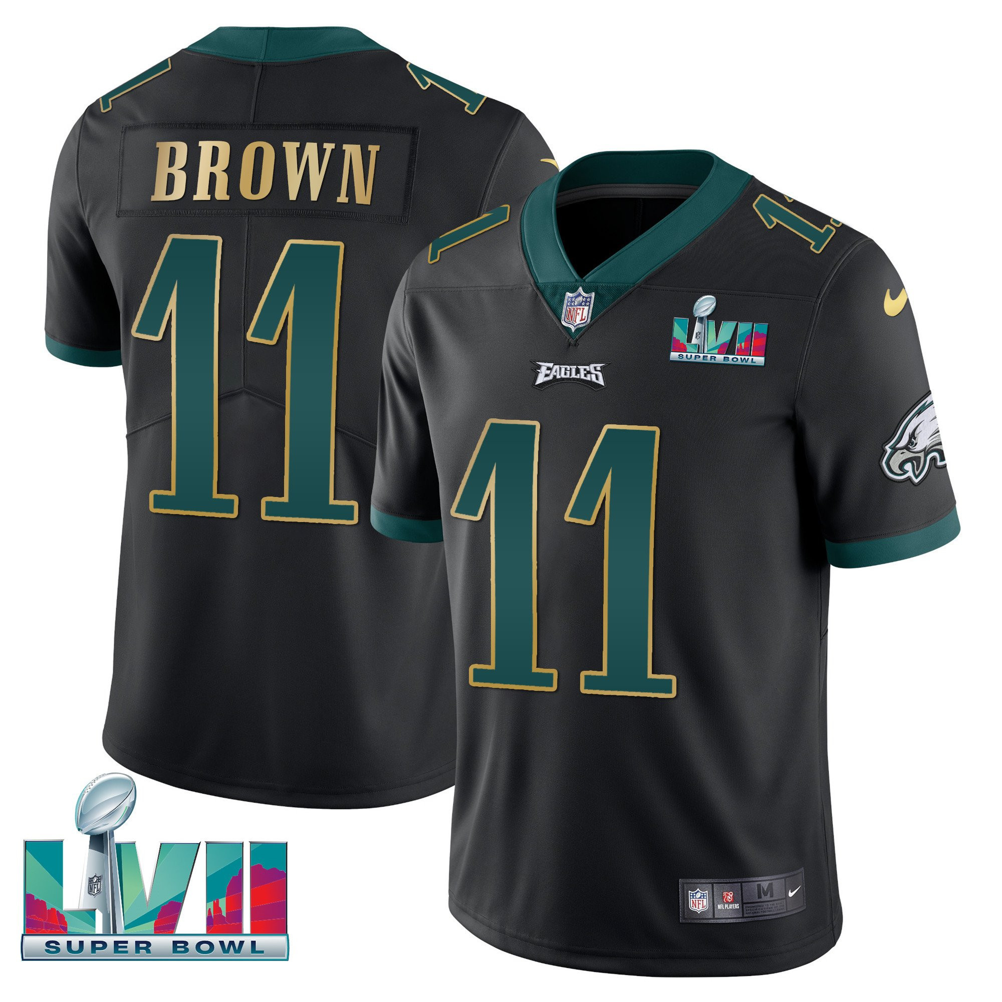 A.J. Brown Men's Philadelphia Eagles Super Bowl Patch Vapor Black Gold Trim Jersey - All Stitched