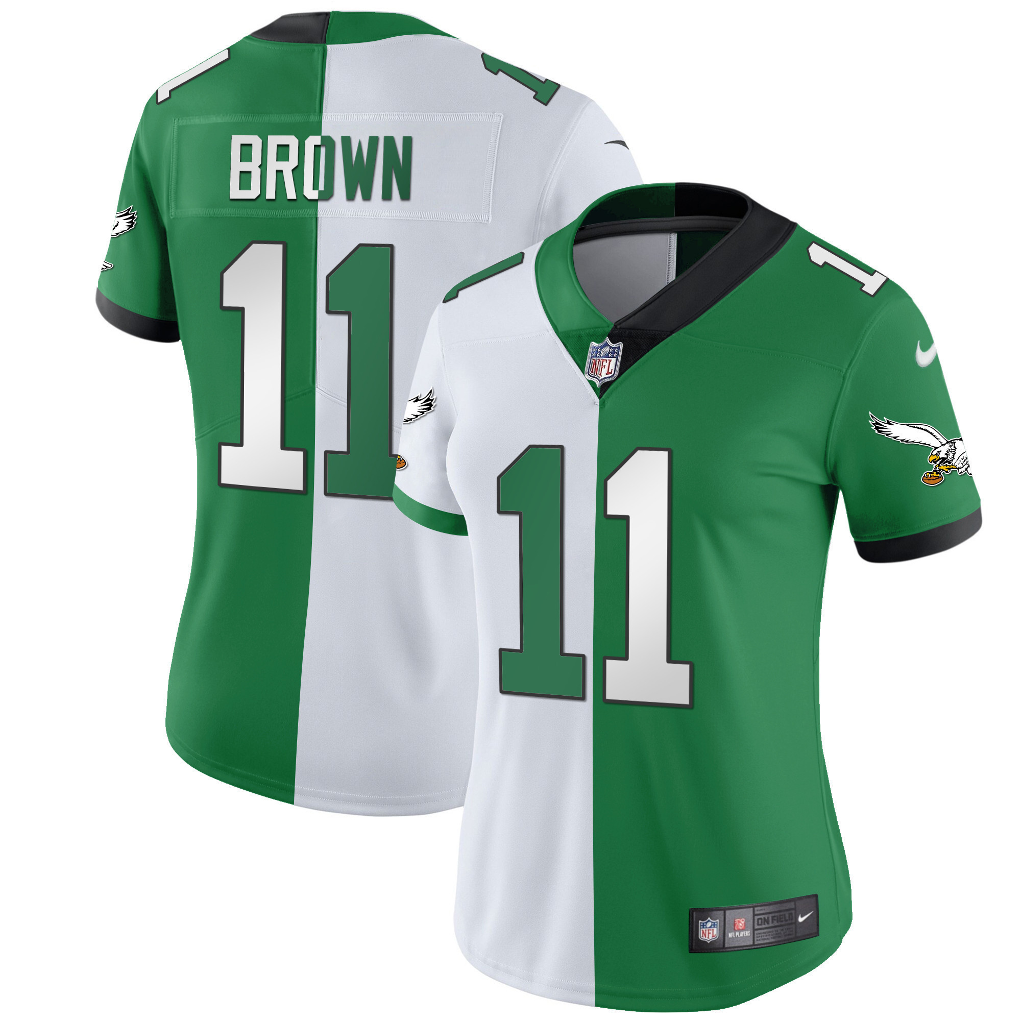 A.J. Brown Women's Philadelphia Eagles Gold & Kelly Vapor Split Jersey - All Stitched
