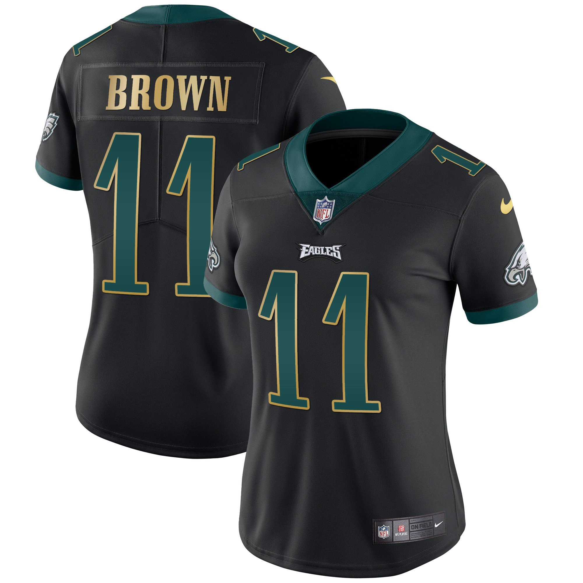 A.J. Brown Women's Philadelphia Eagles Gold Trim Vapor Player Black Gold Trim Jersey - All Stitched