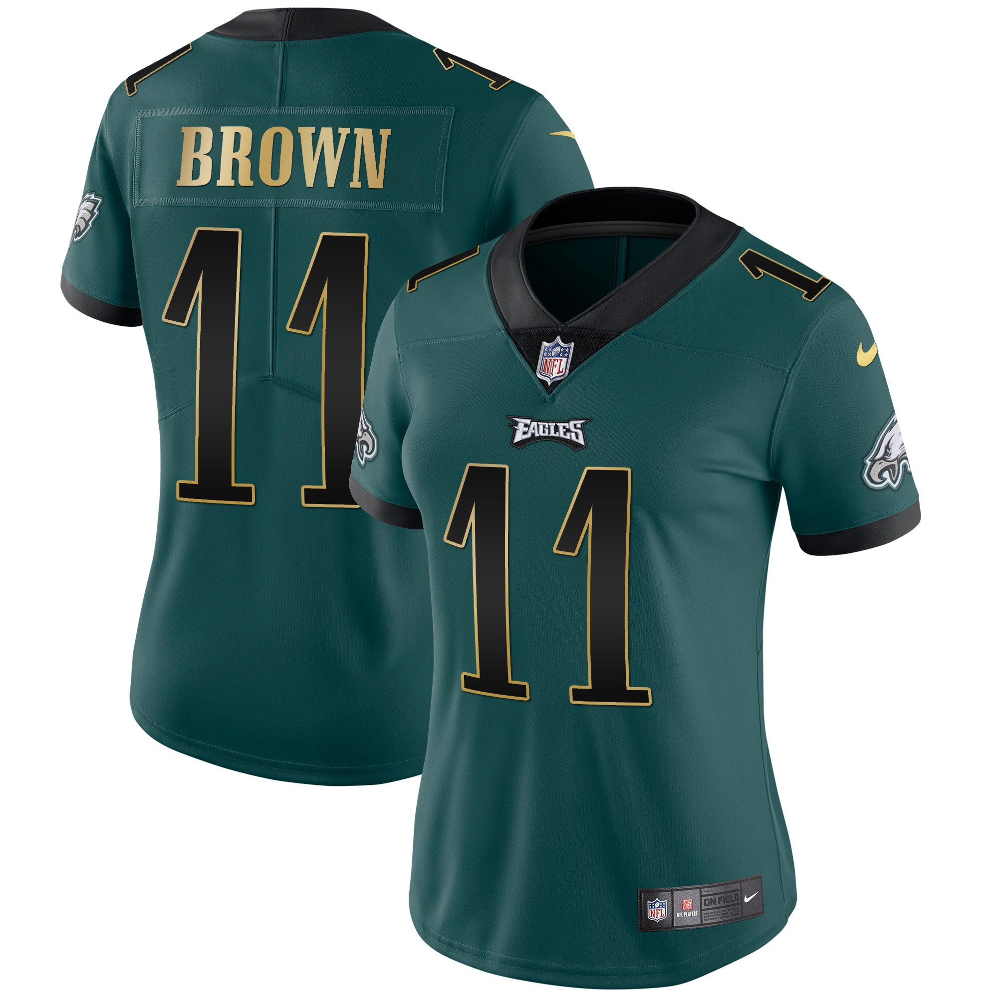 A.J. Brown Women's Philadelphia Eagles Gold Trim Vapor Player Green Gold Trim Jersey - All Stitched