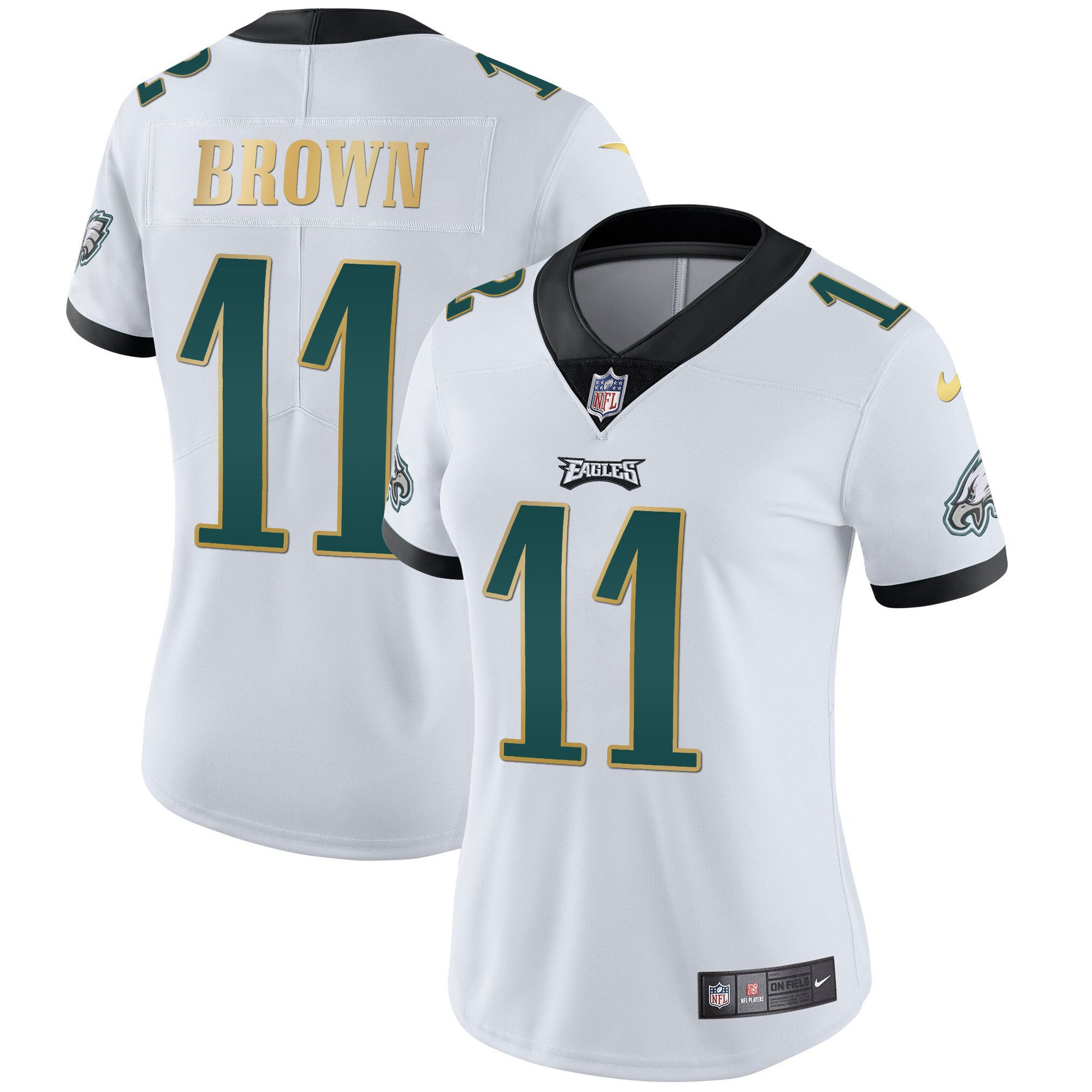 A.J. Brown Women's Philadelphia Eagles Gold Trim Vapor Player White Gold Trim Jersey - All Stitched