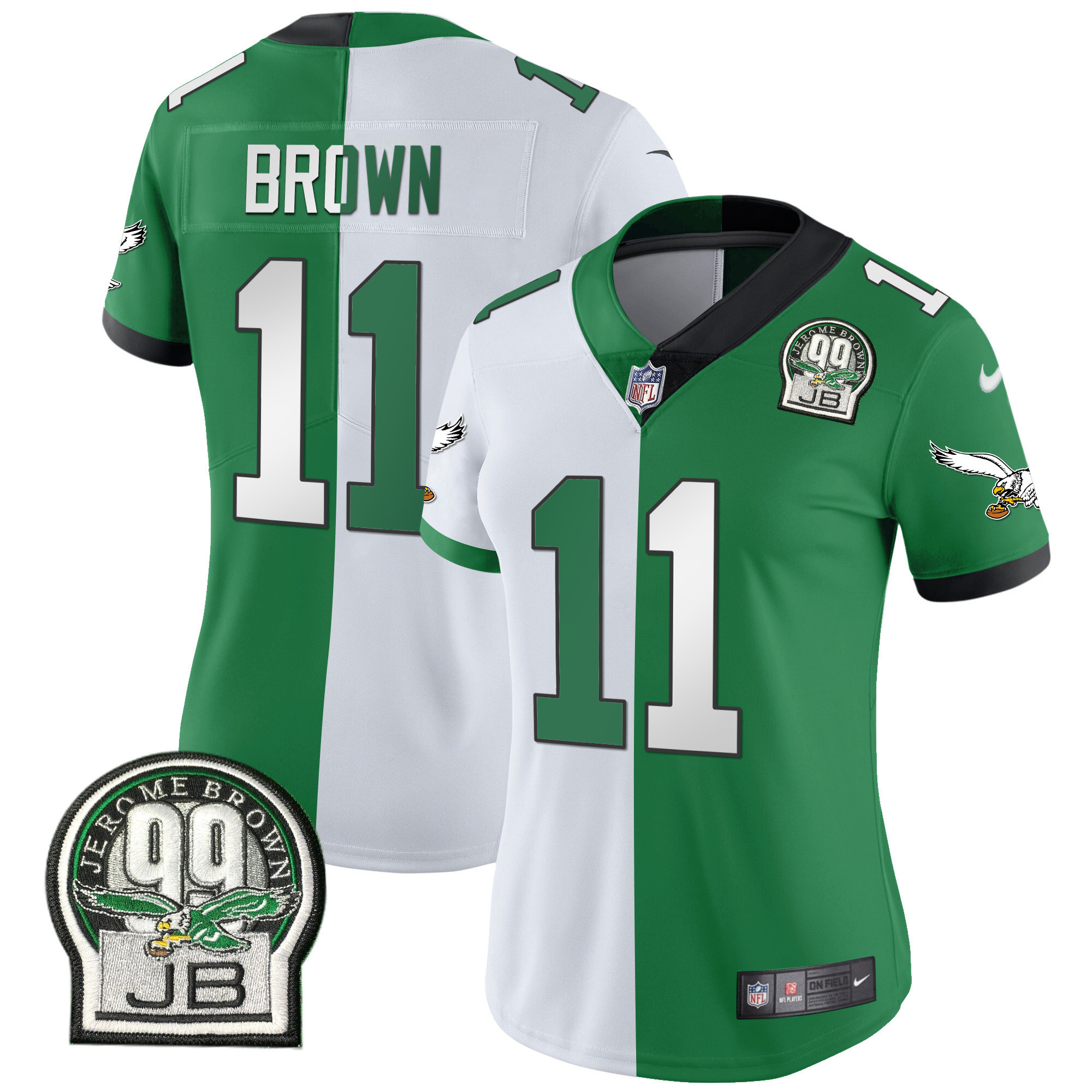 A.J. Brown Women's Philadelphia Eagles Jerome Brown Retired Patch Gold & Kelly Split Jersey - All Stitched