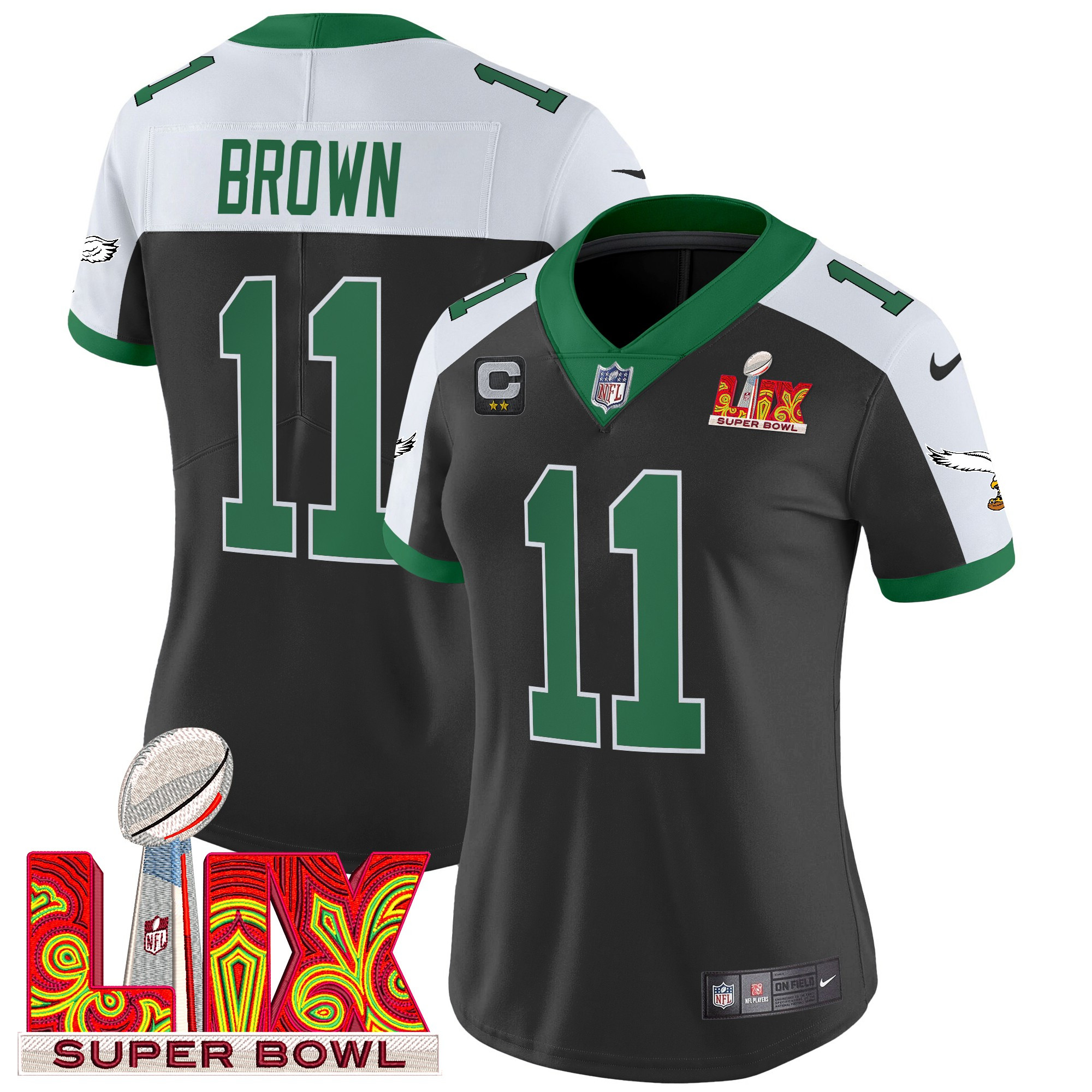 A.J. Brown Women's Philadelphia Eagles Kelly Green Super Bowl LIX Patch Vapor Limited Black Alternate Jersey - All Stitched