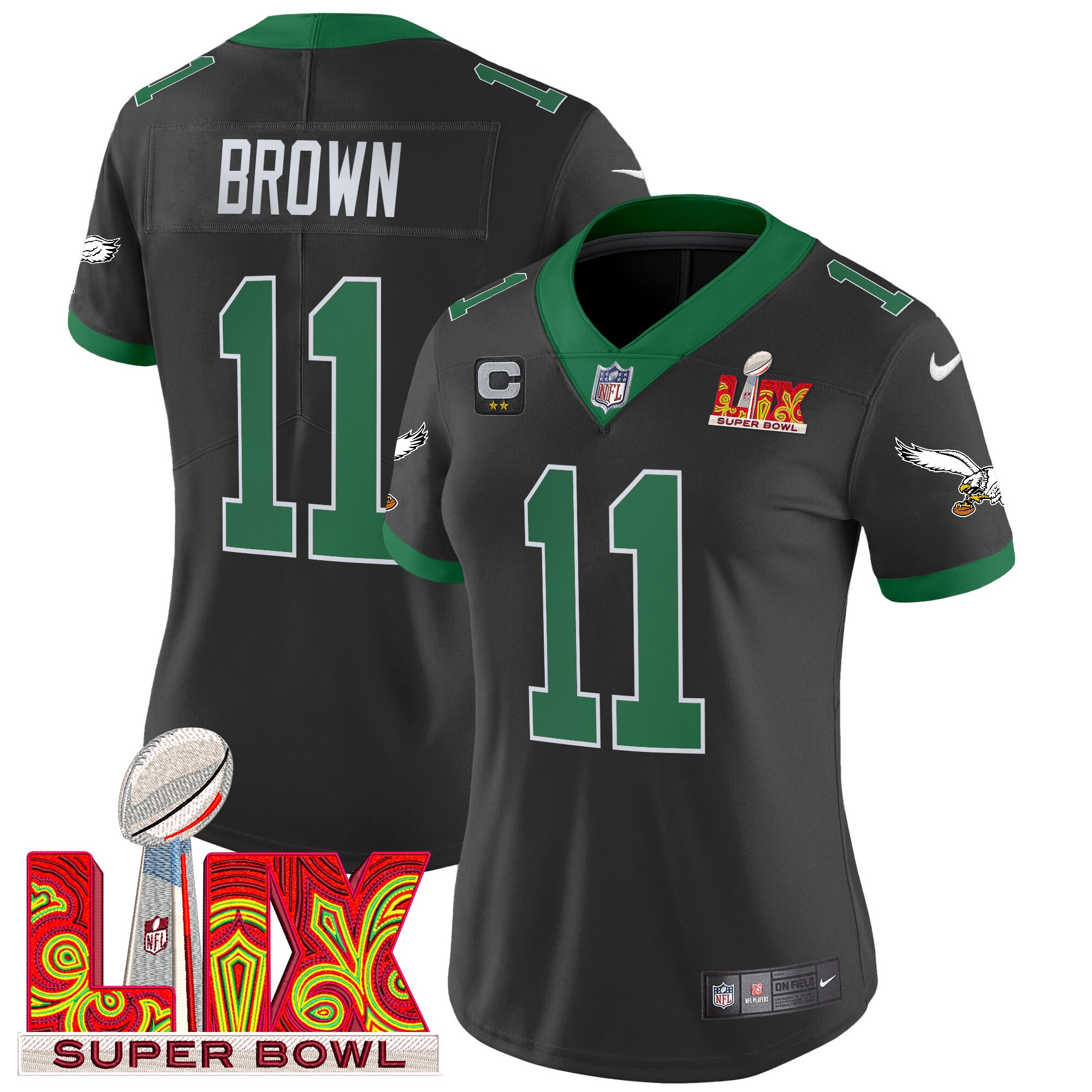 A.J. Brown Women's Philadelphia Eagles Kelly Green Super Bowl LIX Patch Vapor Limited Black Jersey - All Stitched