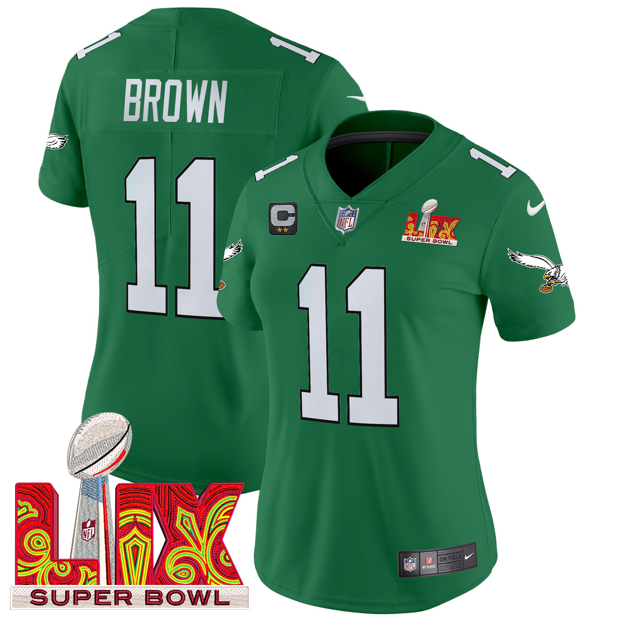 A.J. Brown Women's Philadelphia Eagles Kelly Green Super Bowl LIX Patch Vapor Limited Kelly Green Jersey - All Stitched