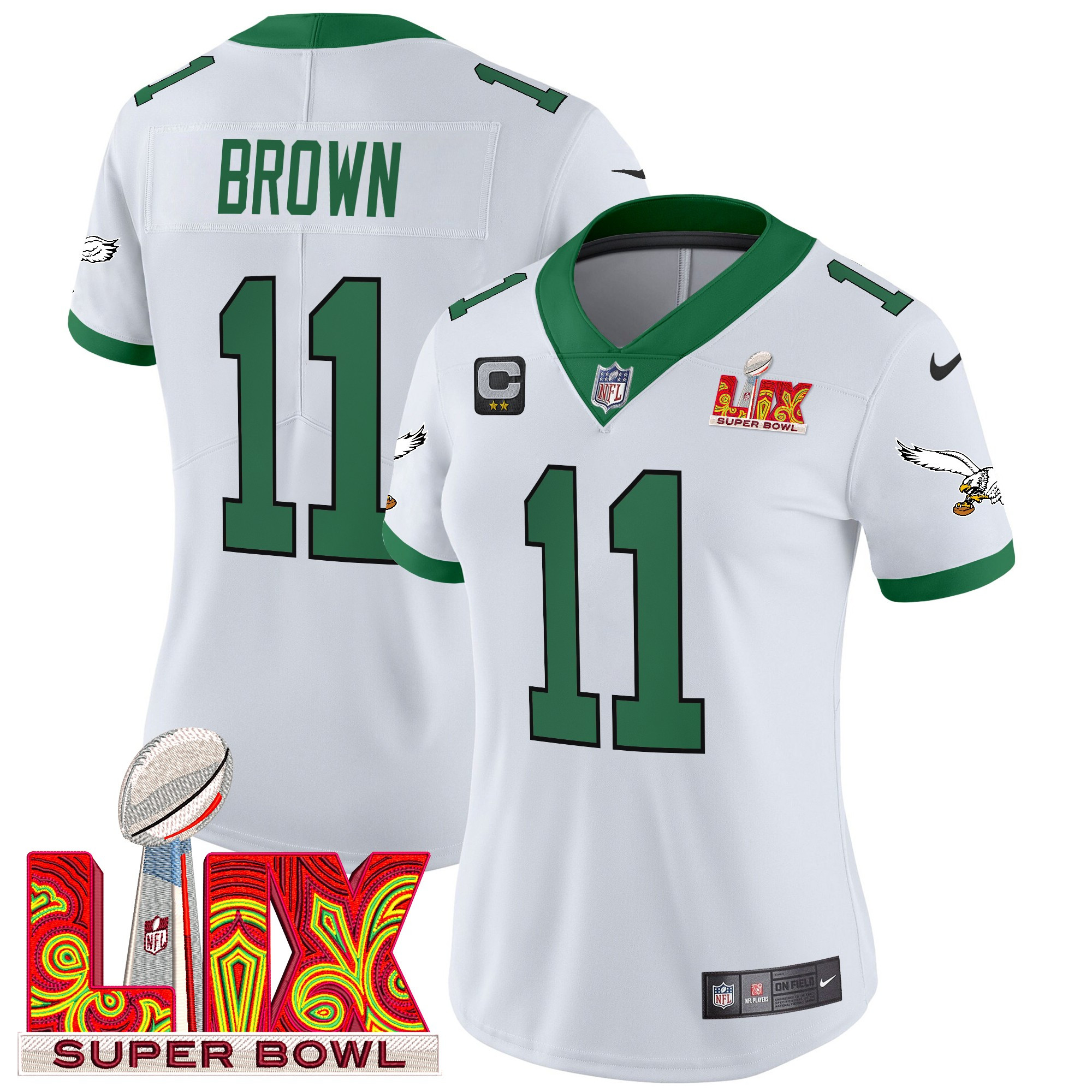 A.J. Brown Women's Philadelphia Eagles Kelly Green Super Bowl LIX Patch Vapor Limited Kelly White Jersey - All Stitched