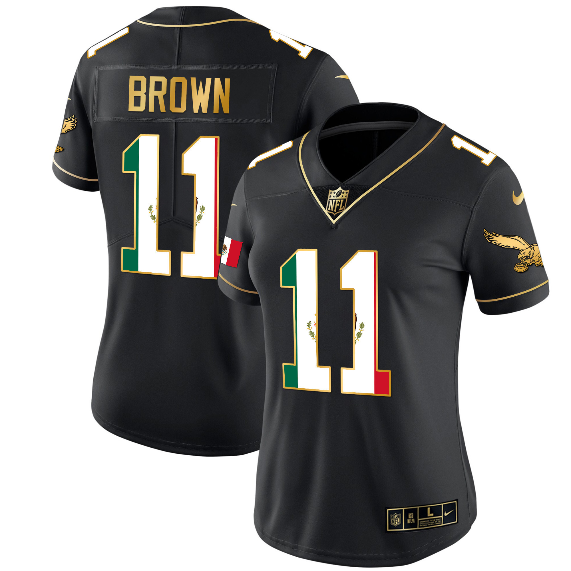 A.J. Brown Women's Philadelphia Eagles Mexico Gold & Kelly Vapor Black Gold Jersey - All Stitched