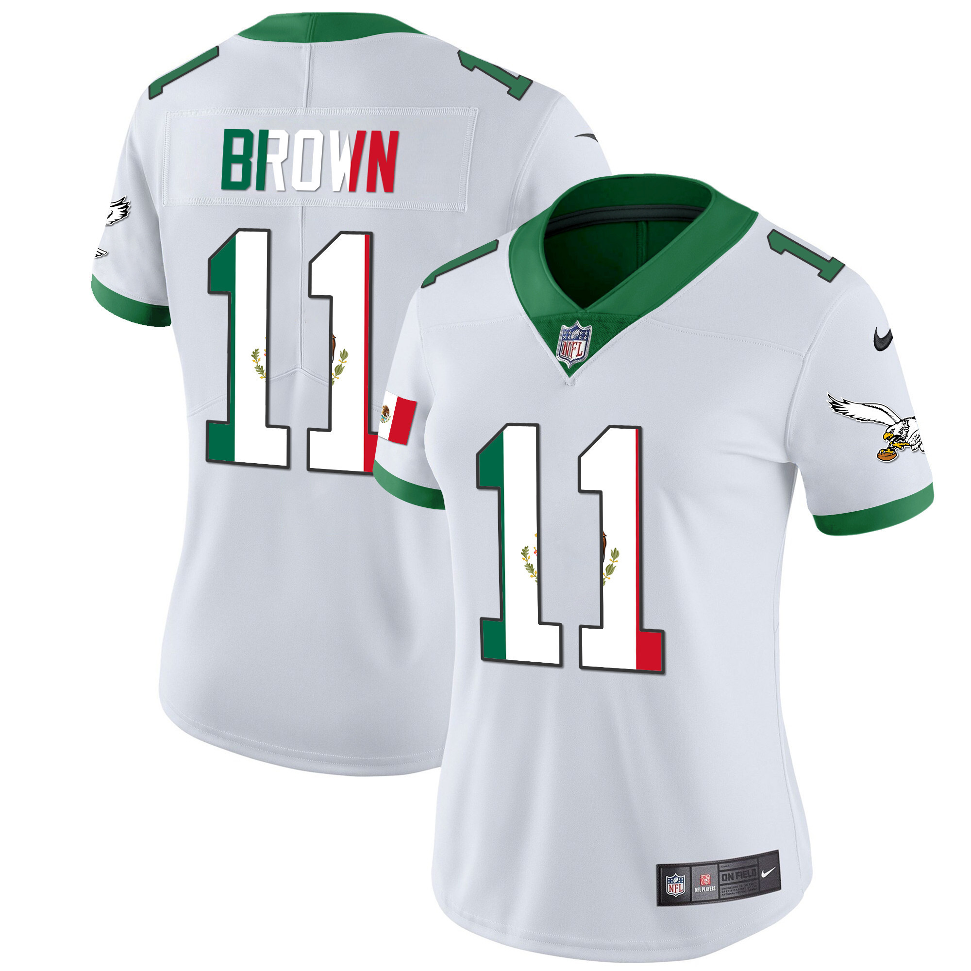 A.J. Brown Women's Philadelphia Eagles Mexico Gold & Kelly Vapor Kelly White Jersey - All Stitched