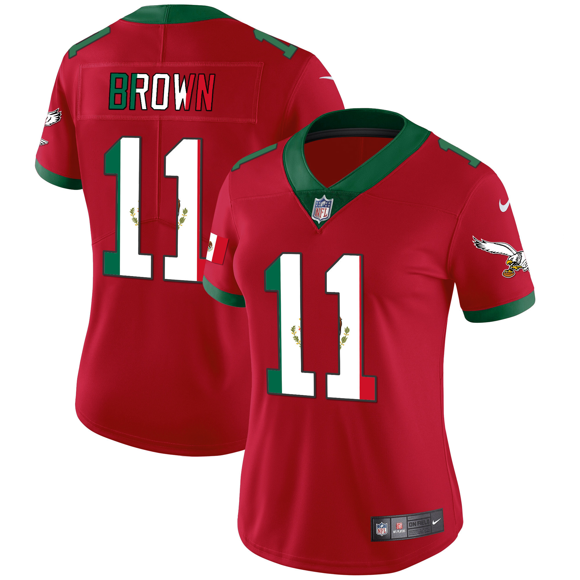 A.J. Brown Women's Philadelphia Eagles Mexico Gold & Kelly Vapor Red Jersey - All Stitched