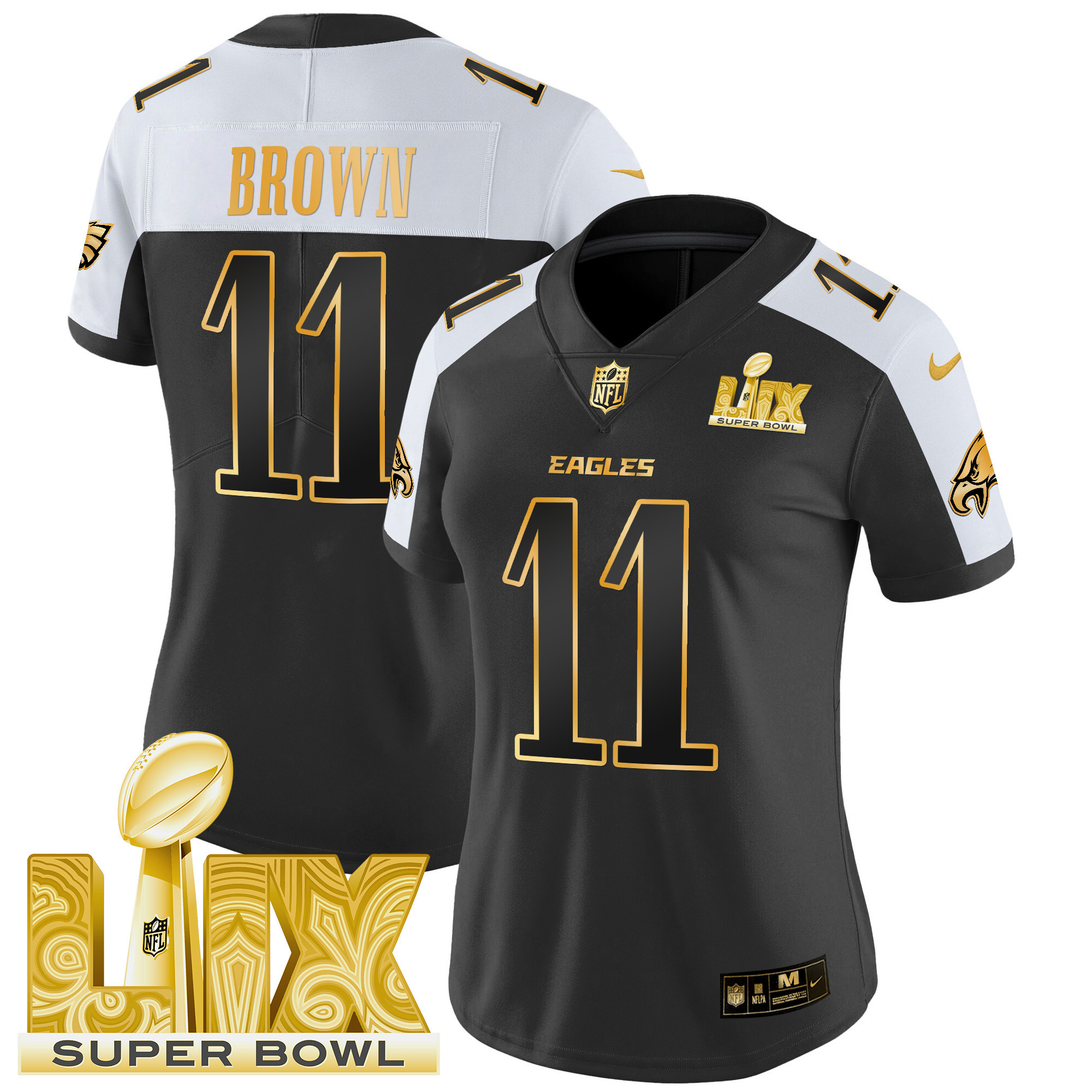 A.J. Brown Women's Philadelphia Eagles Super Bowl LIX Patch Gold Vapor Limited Alternate Jersey - All Stitched
