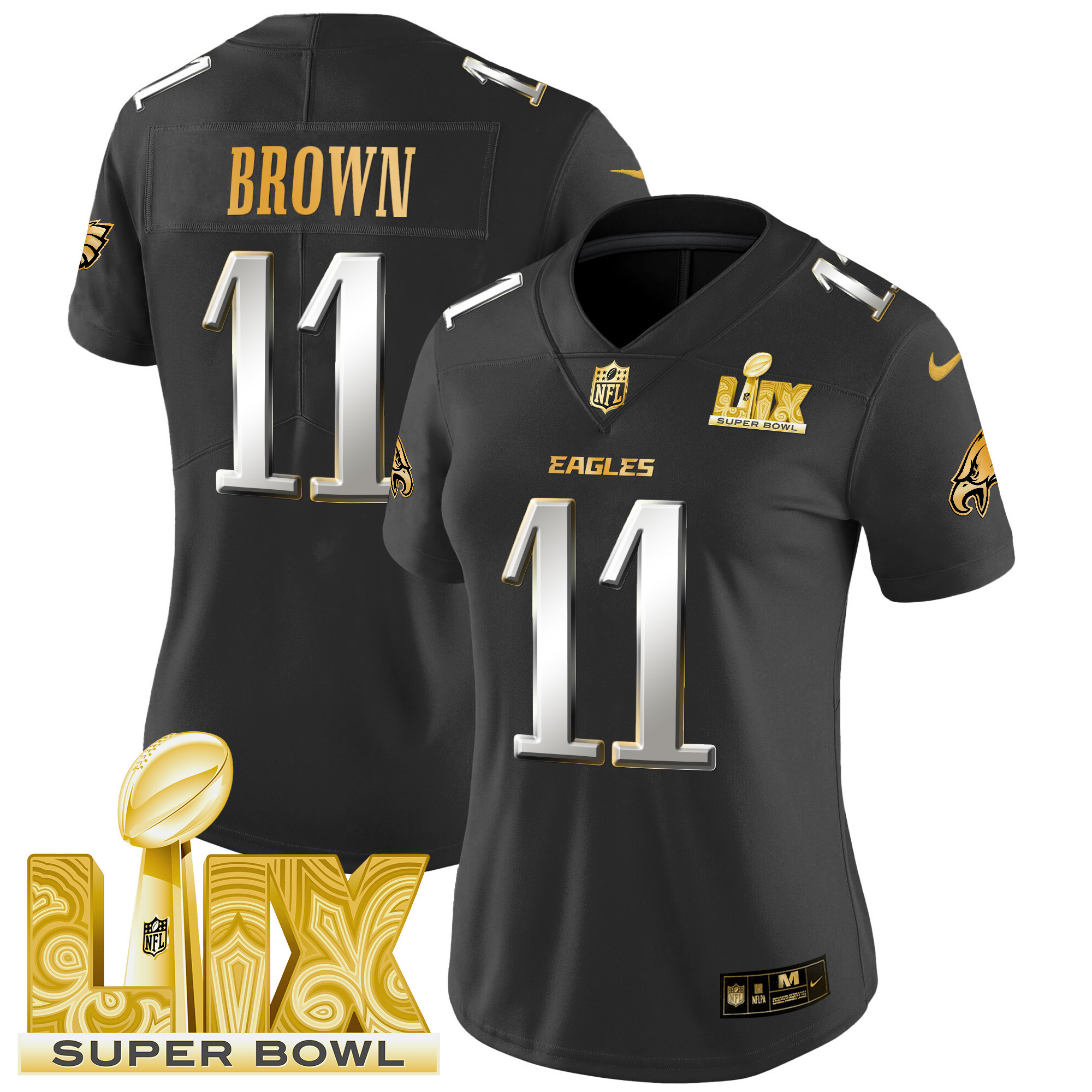 A.J. Brown Women's Philadelphia Eagles Super Bowl LIX Patch Gold Vapor Limited Black Limited Jersey - All Stitched