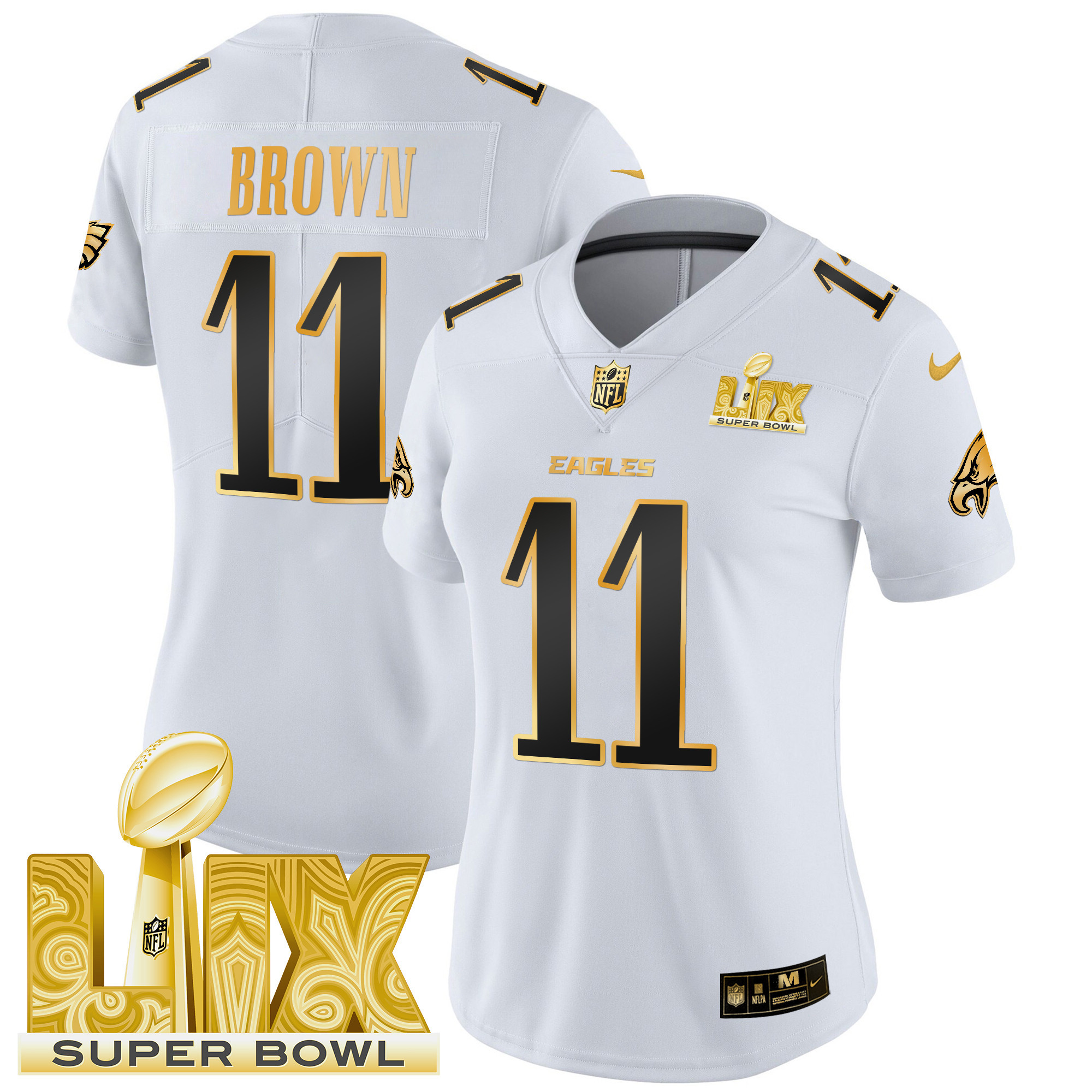 A.J. Brown Women's Philadelphia Eagles Super Bowl LIX Patch Gold Vapor Limited White Gold Jersey - All Stitched
