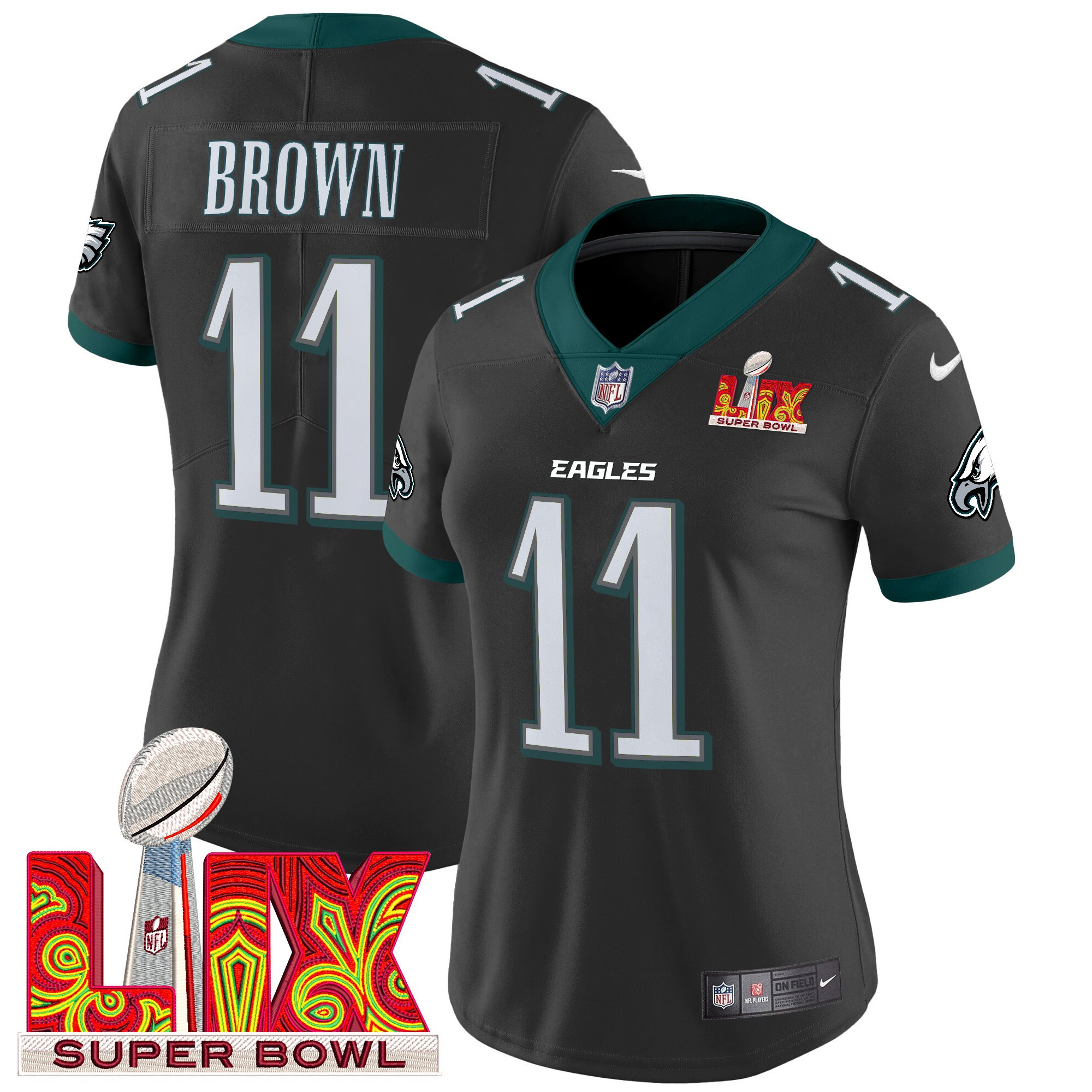 A.J. Brown Women's Philadelphia Eagles Super Bowl LIX Patch Vapor Limited Black Jersey - All Stitched