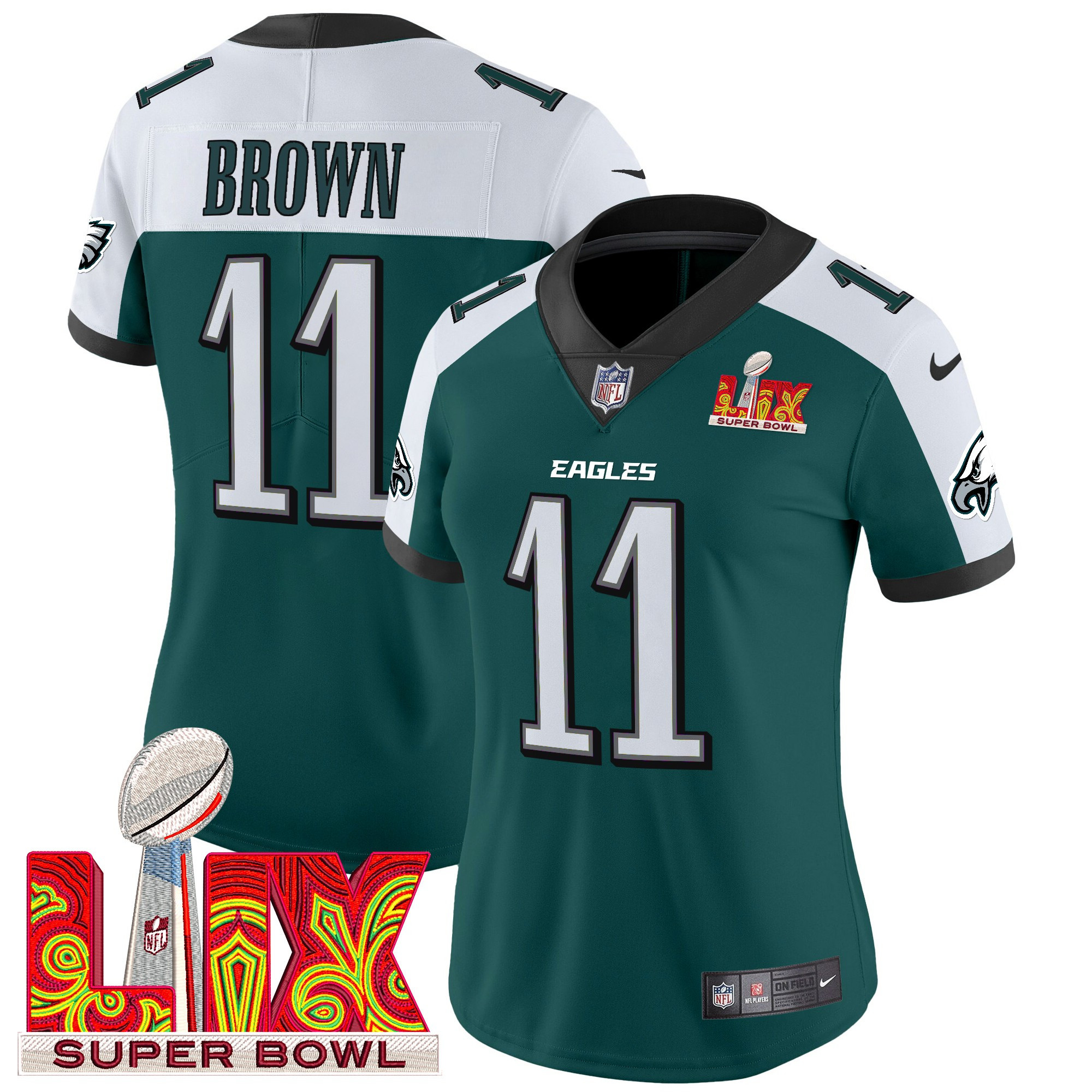 A.J. Brown Women's Philadelphia Eagles Super Bowl LIX Patch Vapor Limited Green Alternate Jersey - All Stitched