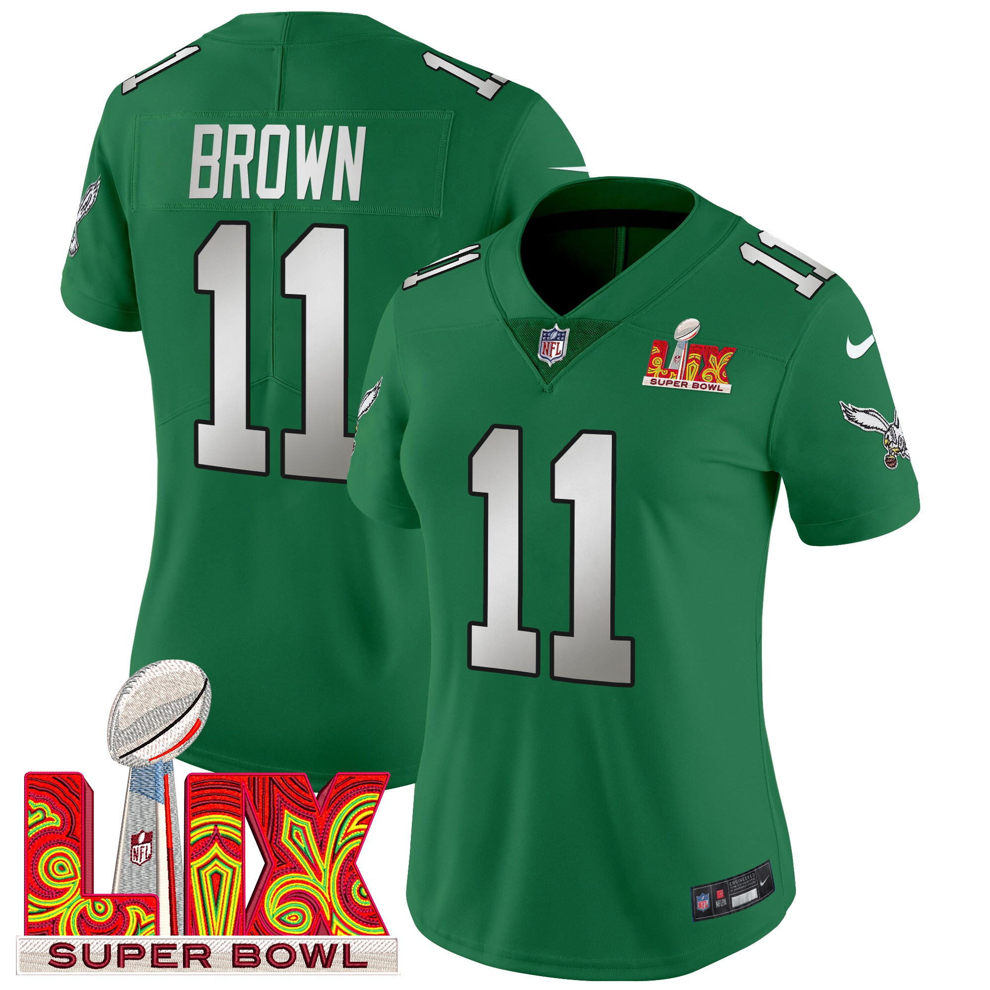 A.J. Brown Women's Philadelphia Eagles Super Bowl LIX Patch Vapor Limited Kelly Green Jersey - All Stitched