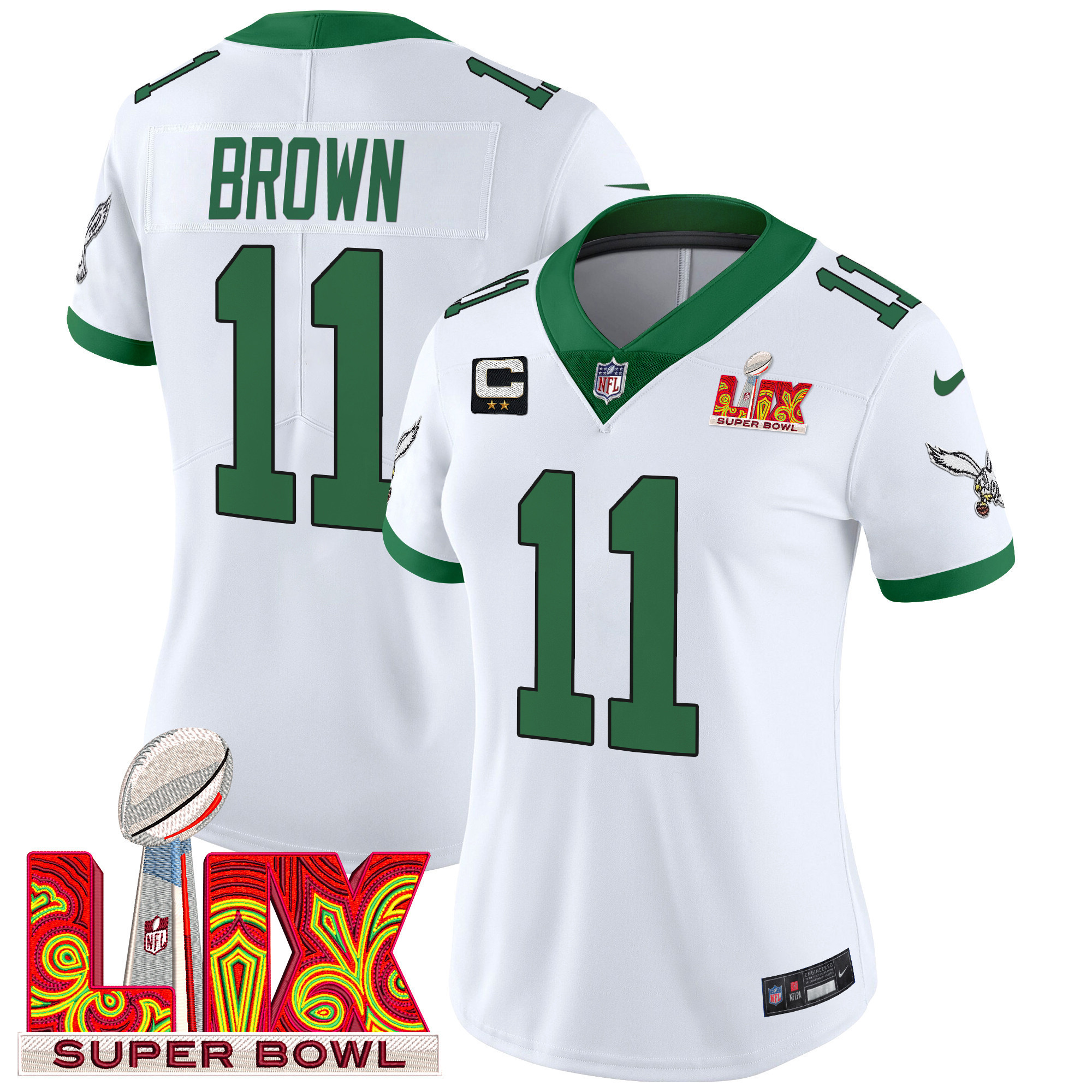 A.J. Brown Women's Philadelphia Eagles Super Bowl LIX Patch Vapor Limited Kelly White Jersey - All Stitched