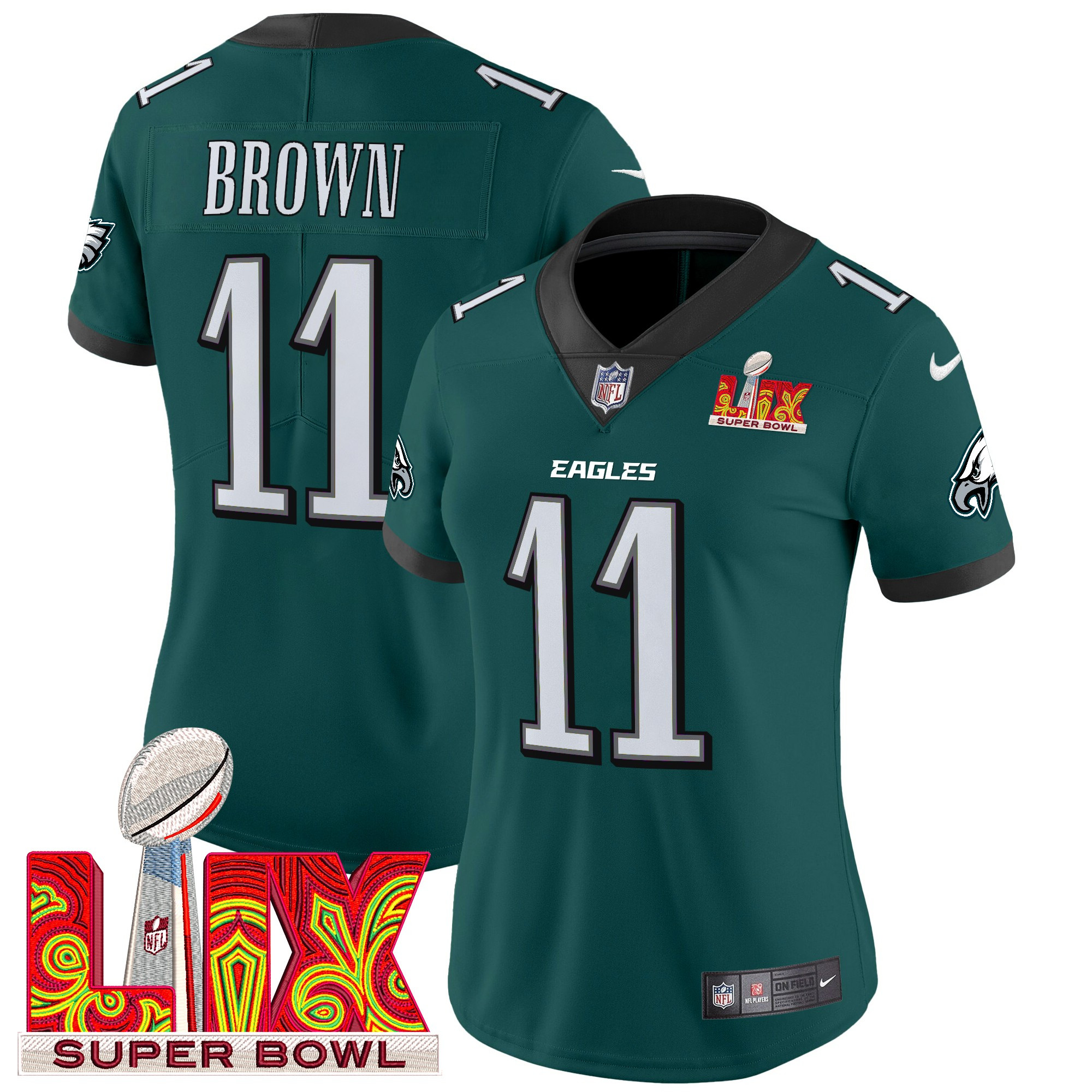 A.J. Brown Women's Philadelphia Eagles Super Bowl LIX Patch Vapor Limited Midnight Green Jersey - All Stitched
