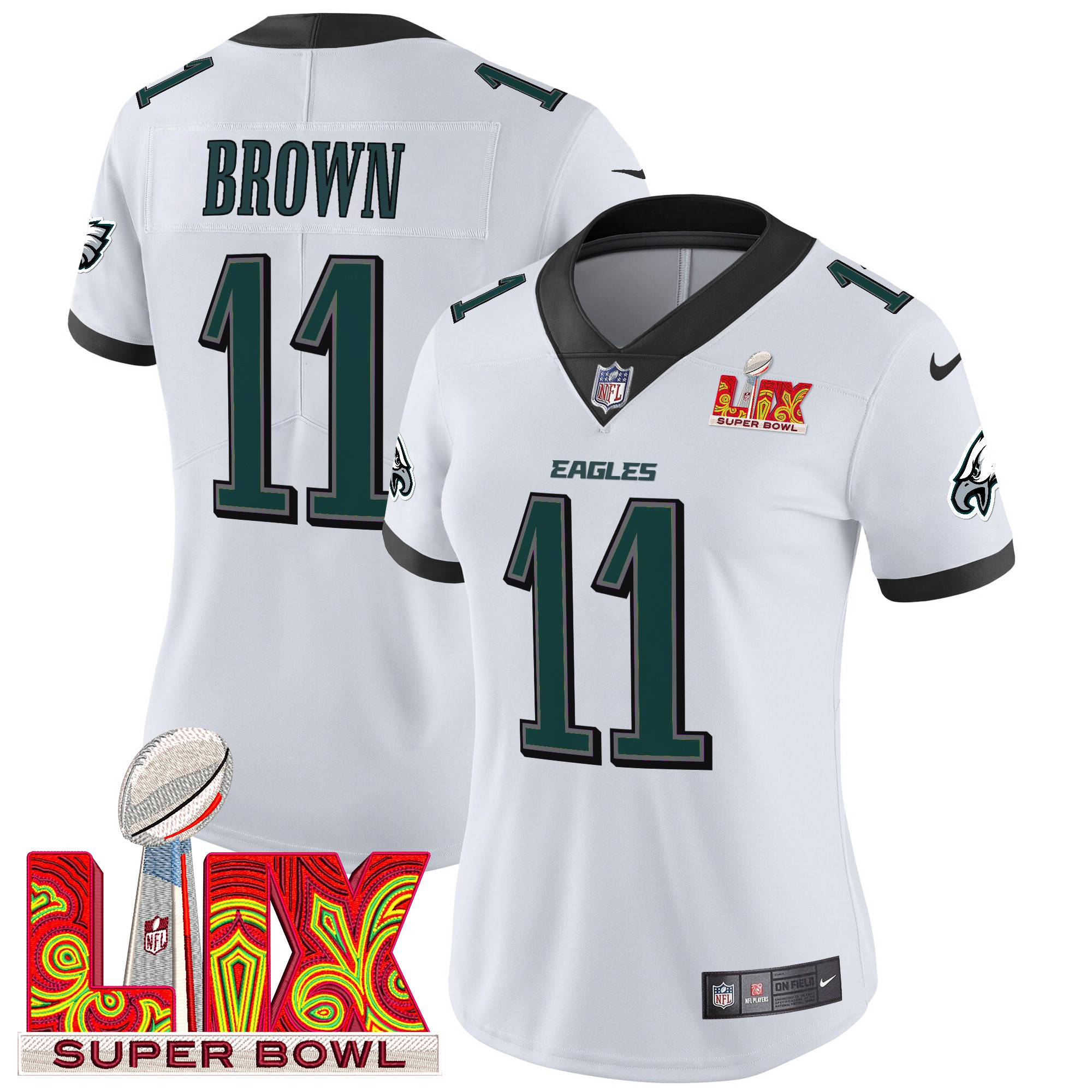 A.J. Brown Women's Philadelphia Eagles Super Bowl LIX Patch Vapor Limited White Jersey - All Stitched