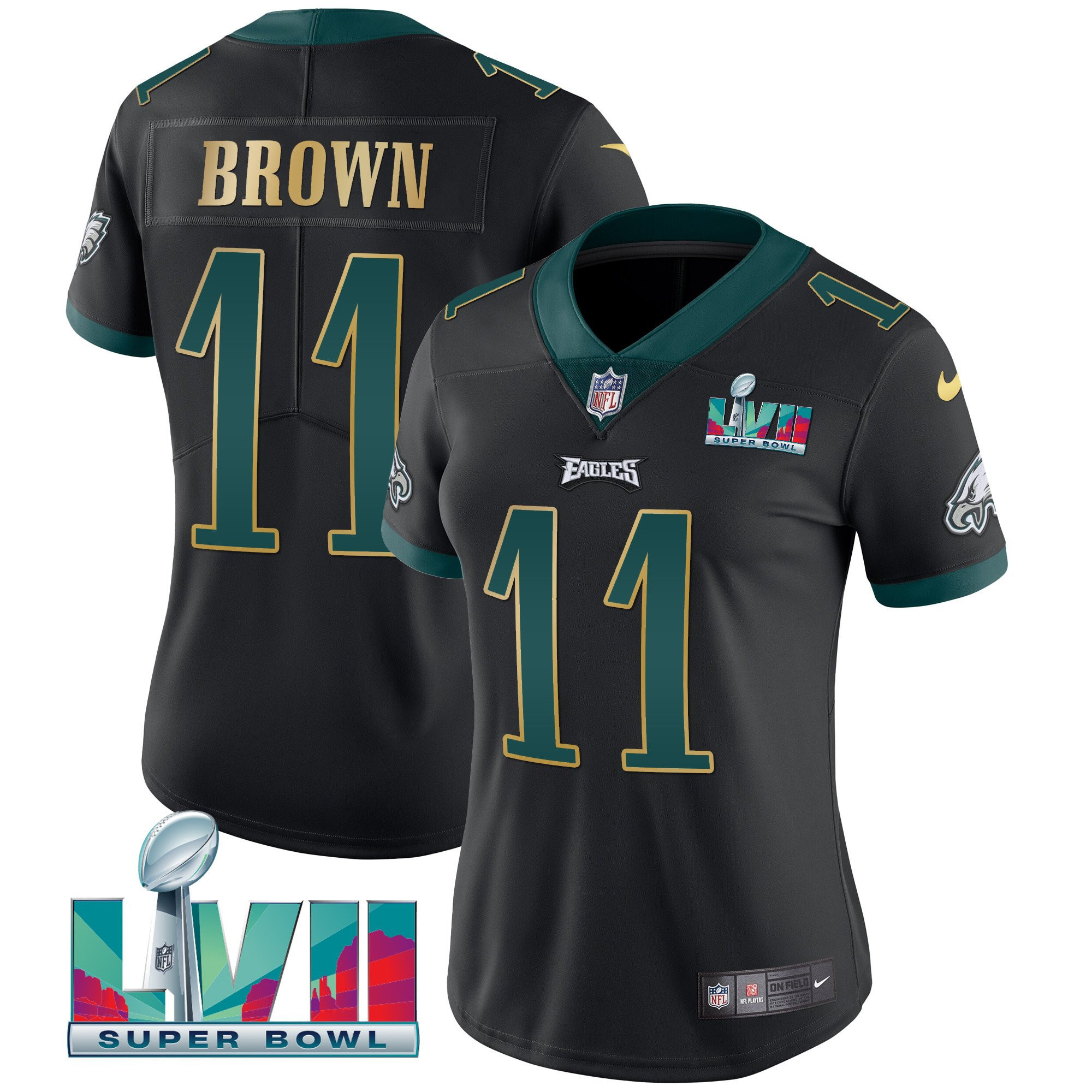 A.J. Brown Women's Philadelphia Eagles Super Bowl LVII Gold Trim Black Gold Trim Jersey - All Stitched
