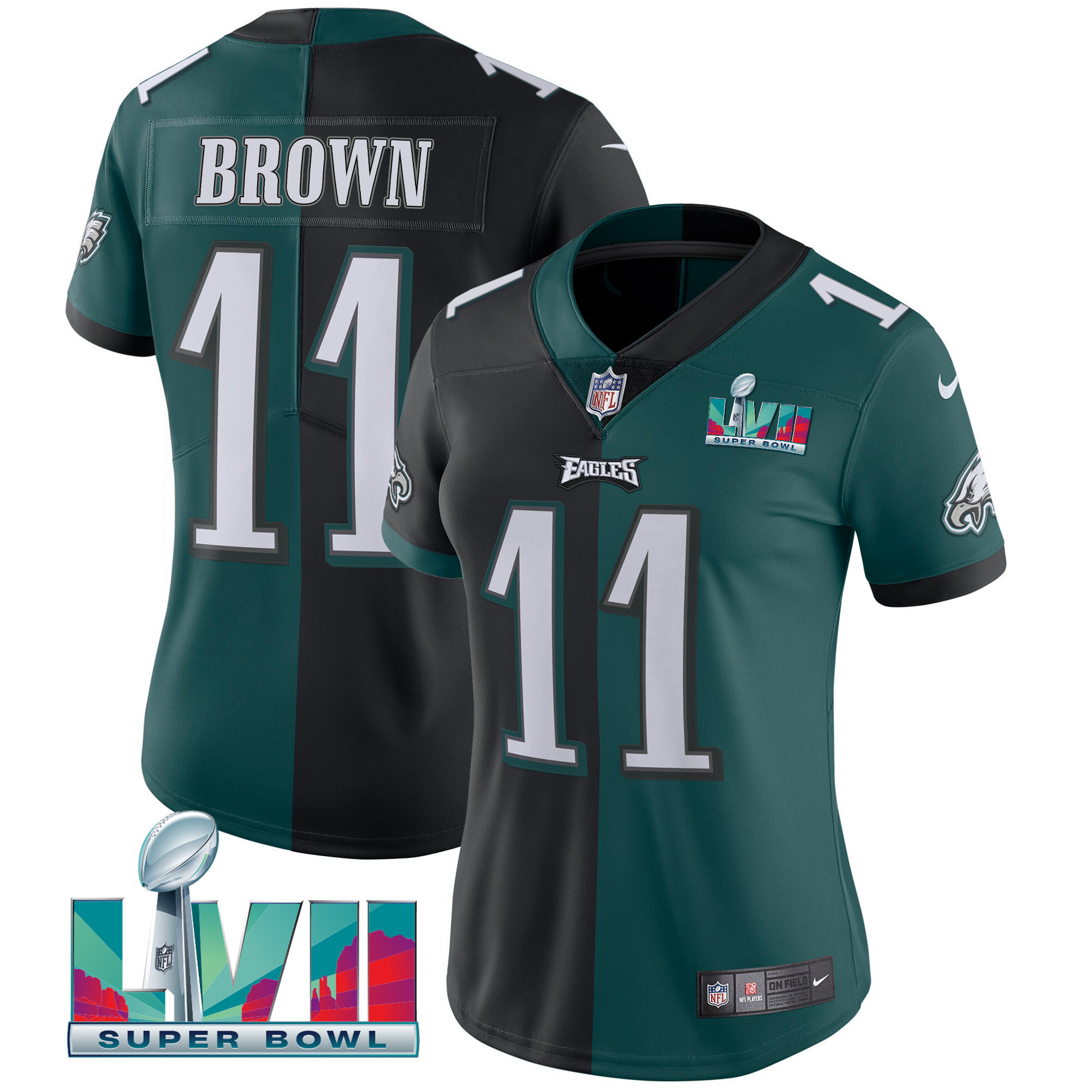 A.J. Brown Women's Philadelphia Eagles Super Bowl LVII Split Split Black Green Jersey - All Stitched