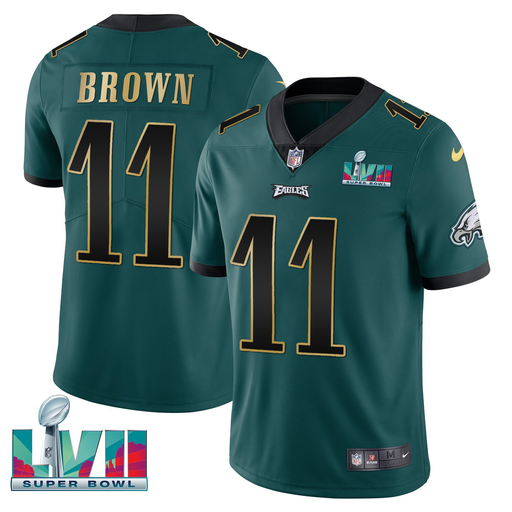 A.J. Brown Youth's Philadelphia Eagles Super Bowl Patch Vapor Green Gold Trim Jersey - All Stitched