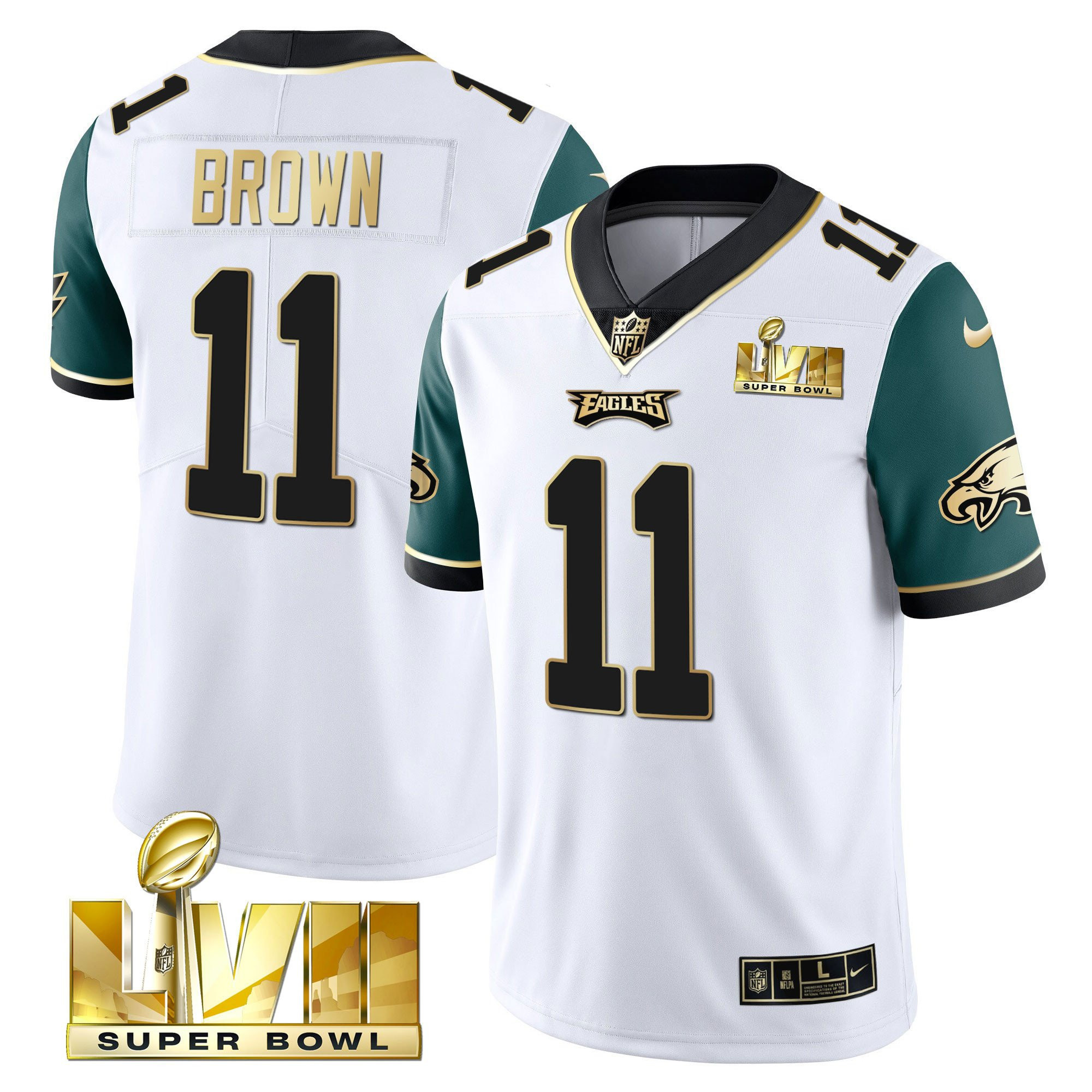 A.J. Brown Youth's Philadelphia Eagles Super Bowl Vapor Gold Midnight Green Sleeves Jersey - All Stitched