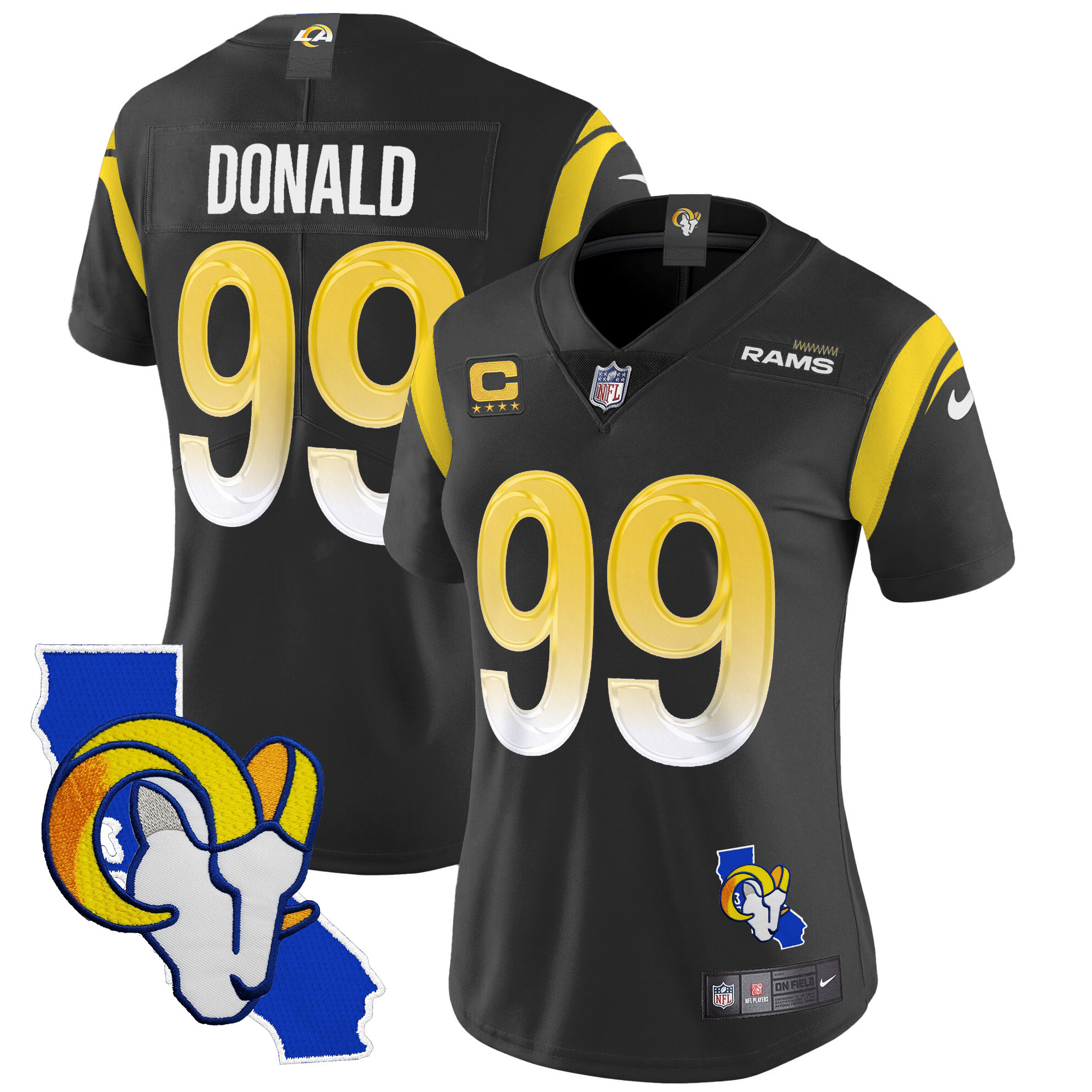 Aaron Donald Women's Los Angeles Rams California Patch Vapor Limited Black Jersey - All Stitched