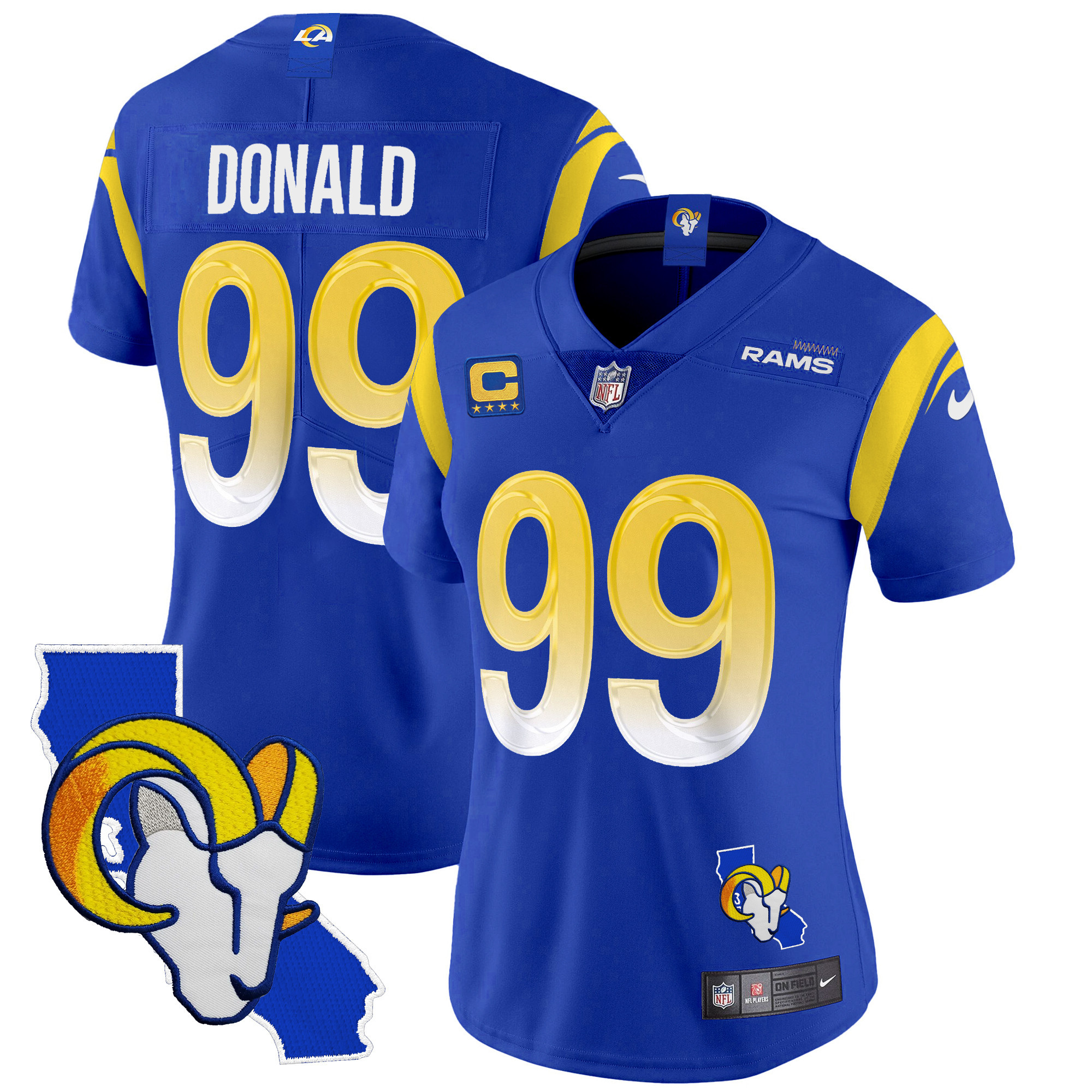 Aaron Donald Women's Los Angeles Rams California Patch Vapor Limited Royal Jersey - All Stitched