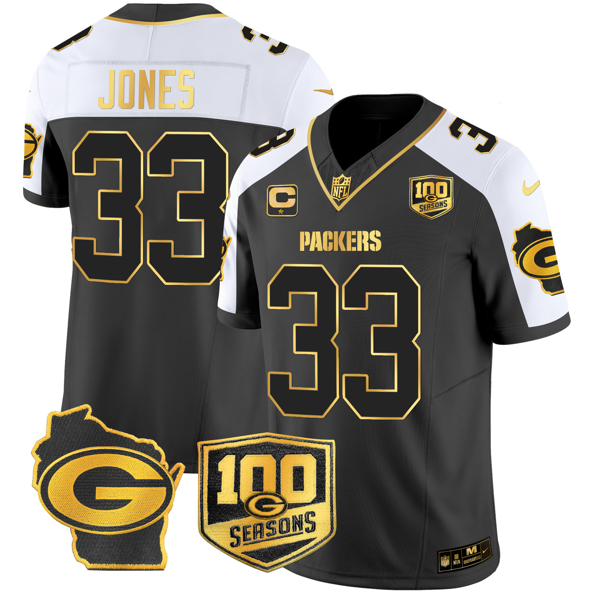 Aaron Jones Men's Green Bay Packers 100th Season & Home Patch Gold Vapor Limited Jersey ÃƒÂ¢Ã¢â€šÂ¬Ã¢â‚¬Å“ All Stitched Alternate Jersey - All Stitched