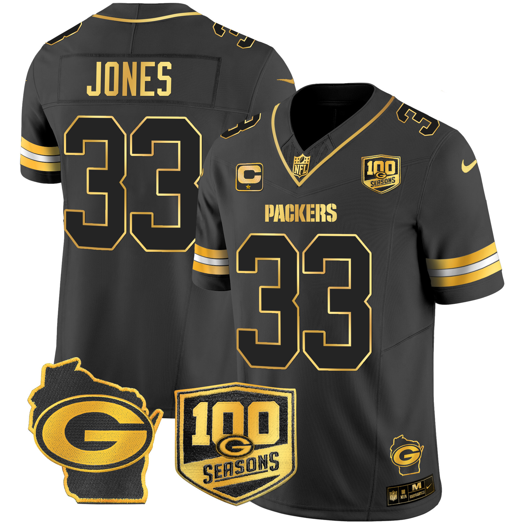 Aaron Jones Men's Green Bay Packers 100th Season & Home Patch Gold Vapor Limited Jersey ÃƒÂ¢Ã¢â€šÂ¬Ã¢â‚¬Å“ All Stitched Black Gold Jersey - All Stitched