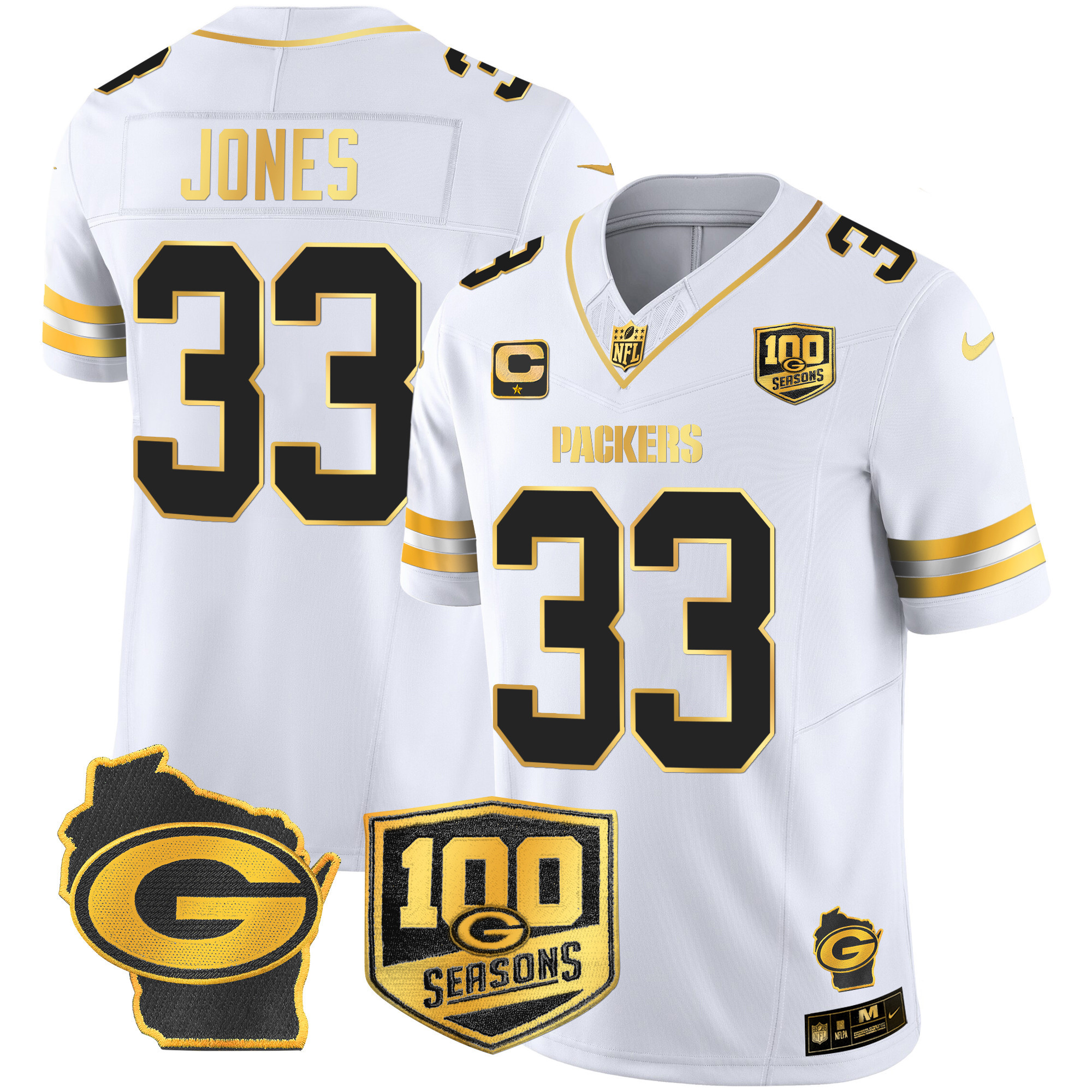 Aaron Jones Men's Green Bay Packers 100th Season & Home Patch Gold Vapor Limited Jersey Ã¢â‚¬â€œ All Stitched White Gold Jersey - All Stitched