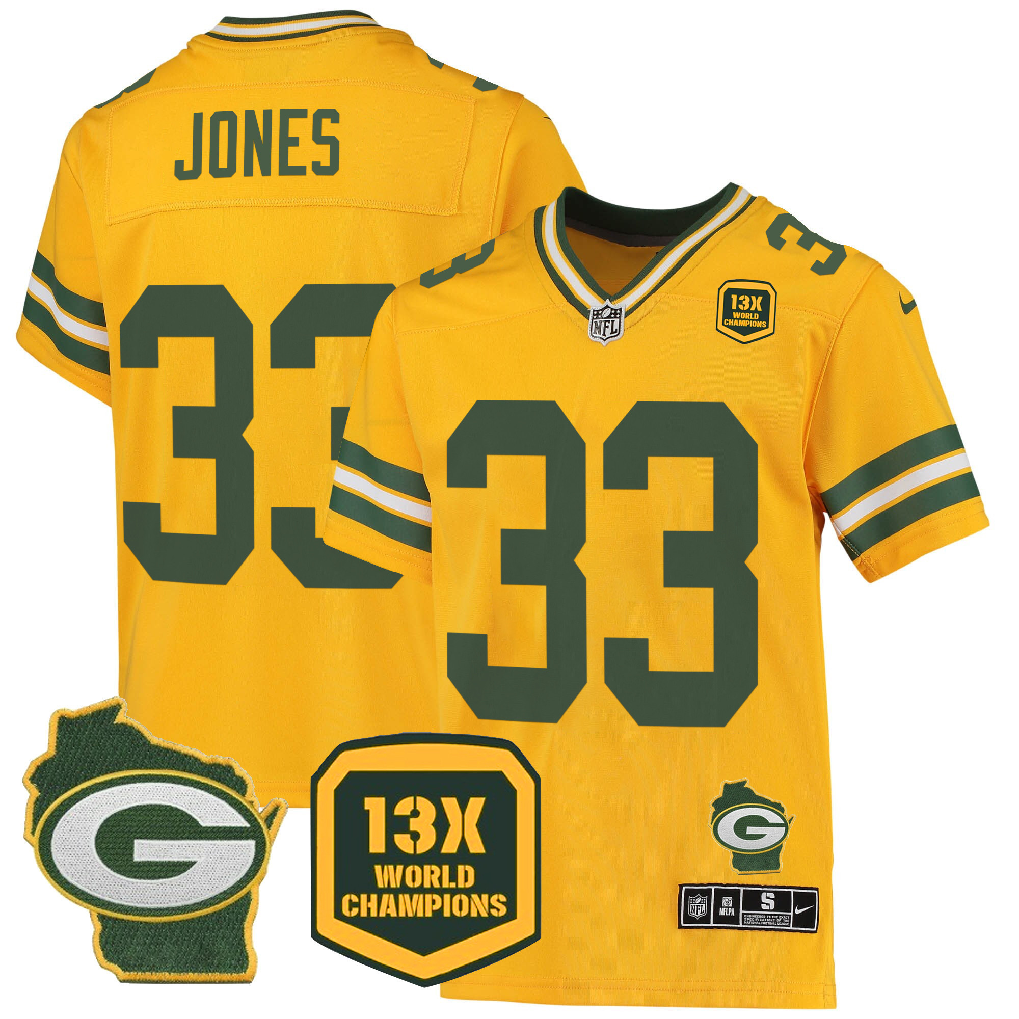 Aaron Jones Men's Green Bay Packers 13 Time World Champions & Home Patch Game Jersey Ã¯Â¿Â½ All Stitched Gold Jersey - All Stitched