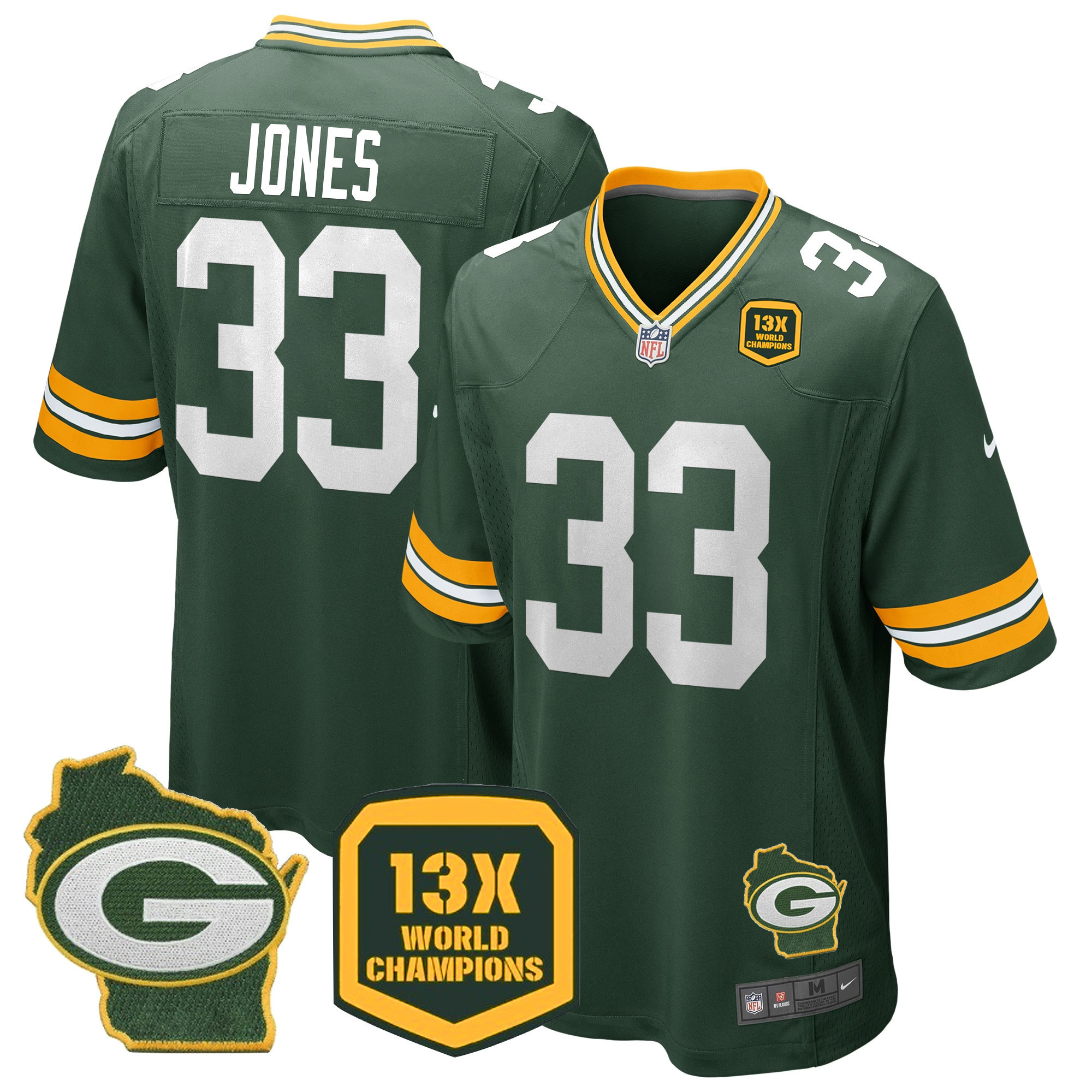 Aaron Jones Men's Green Bay Packers 13 Time World Champions & Home Patch Game Jersey Ã¯Â¿Â½ All Stitched Green Jersey - All Stitched