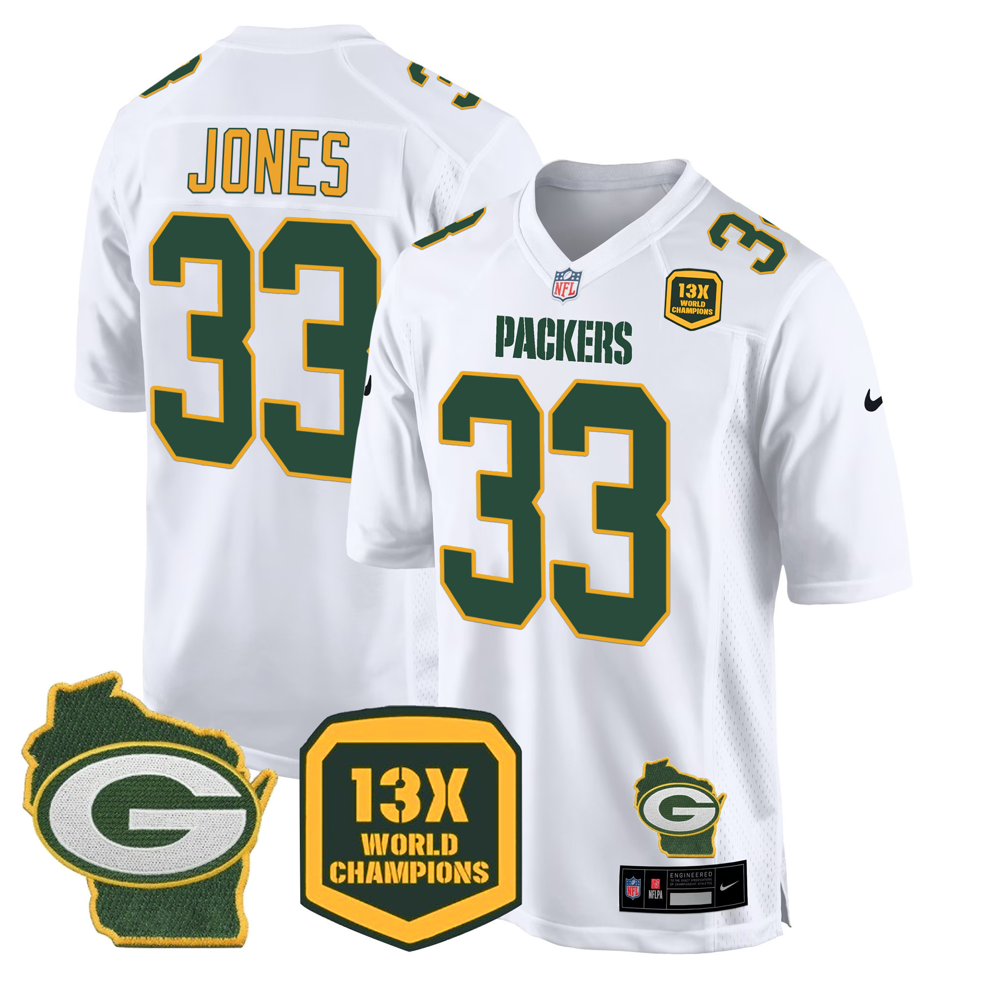 Aaron Jones Men's Green Bay Packers 13 Time World Champions & Home Patch Game Jersey Ã¯Â¿Â½ All Stitched White Jersey - All Stitched