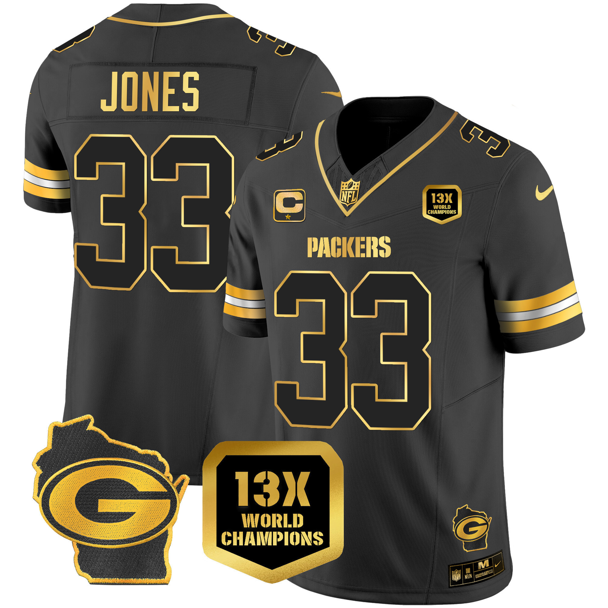 Aaron Jones Men's Green Bay Packers 13 Time World Champions & Home Patch Gold Vapor Jersey Ã¯Â¿Â½ All Stitched Black Gold Jersey - All Stitched